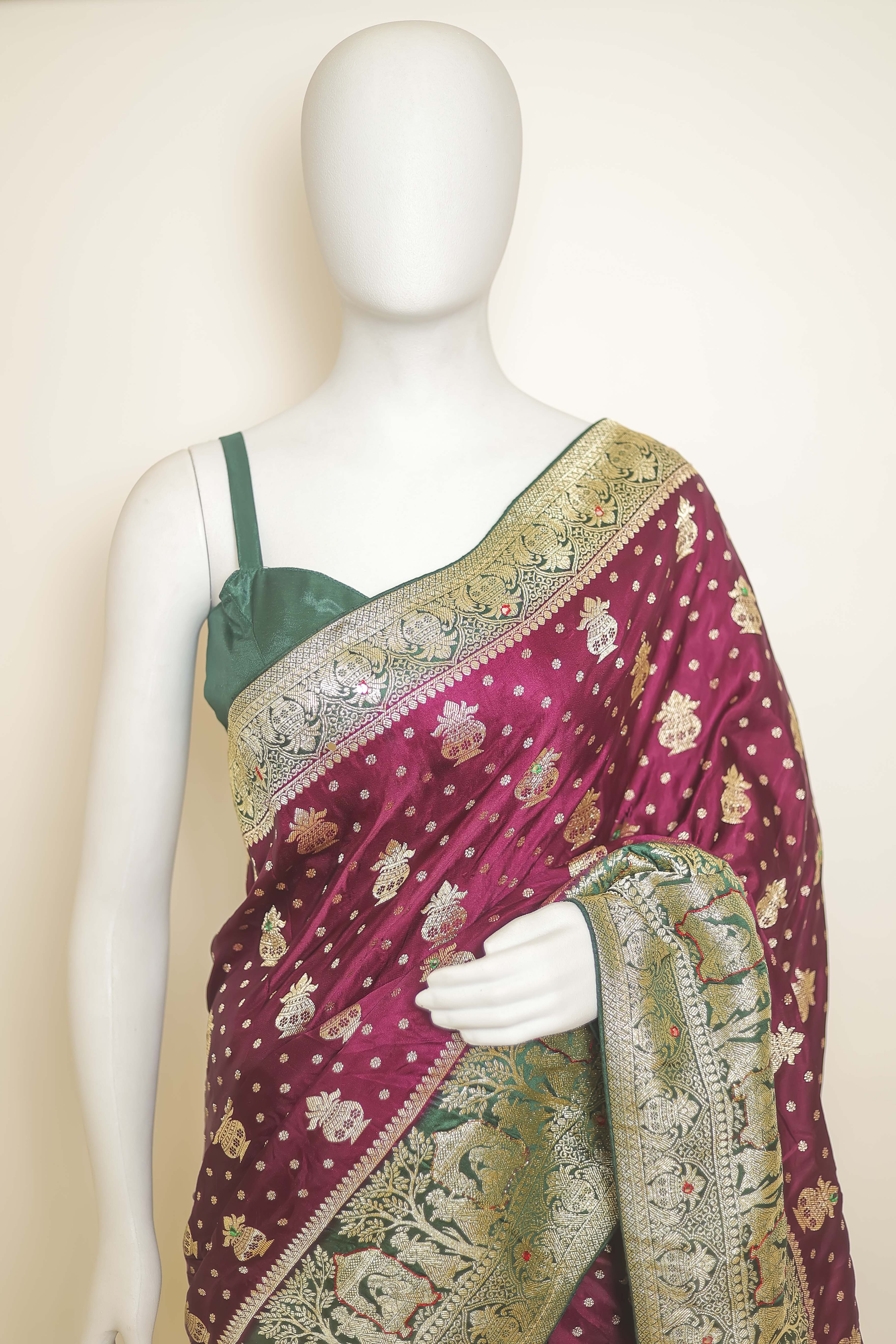 Elegant Hand-Touched Satin Silk Saree – Wine & Bottle Green Border