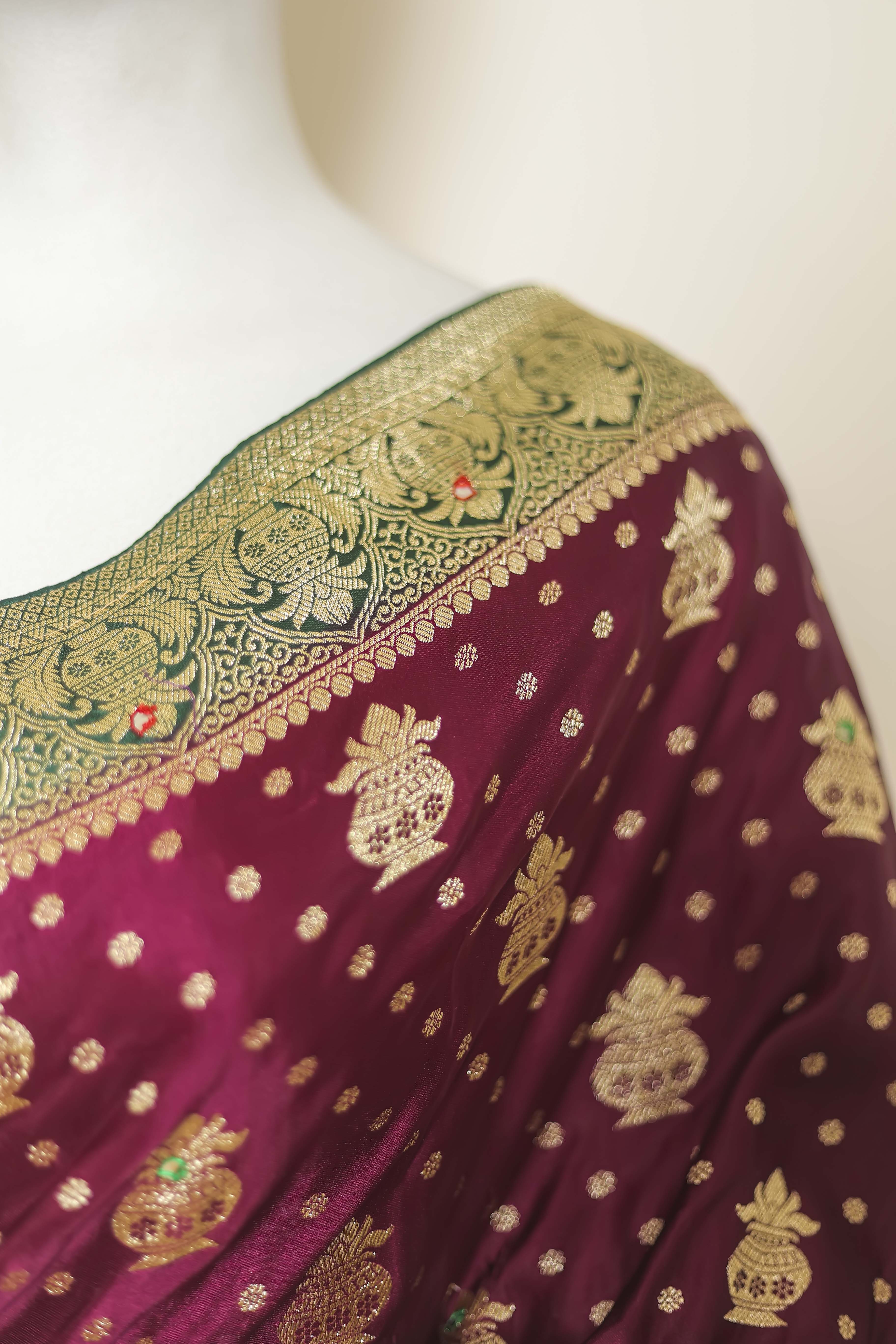 Elegant Hand-Touched Satin Silk Saree – Wine & Bottle Green Border