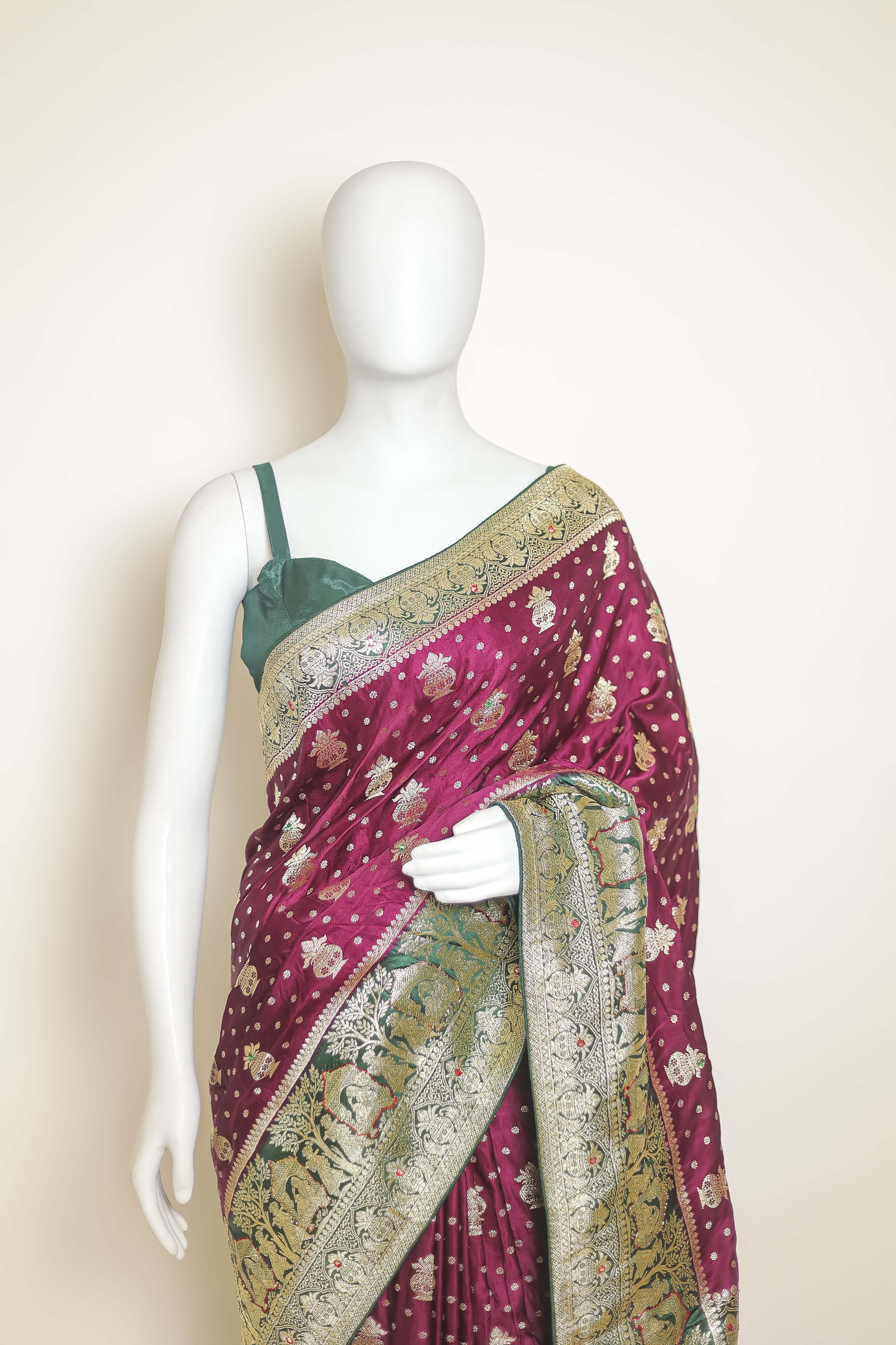Elegant Hand-Touched Satin Silk Saree – Wine & Bottle Green Border