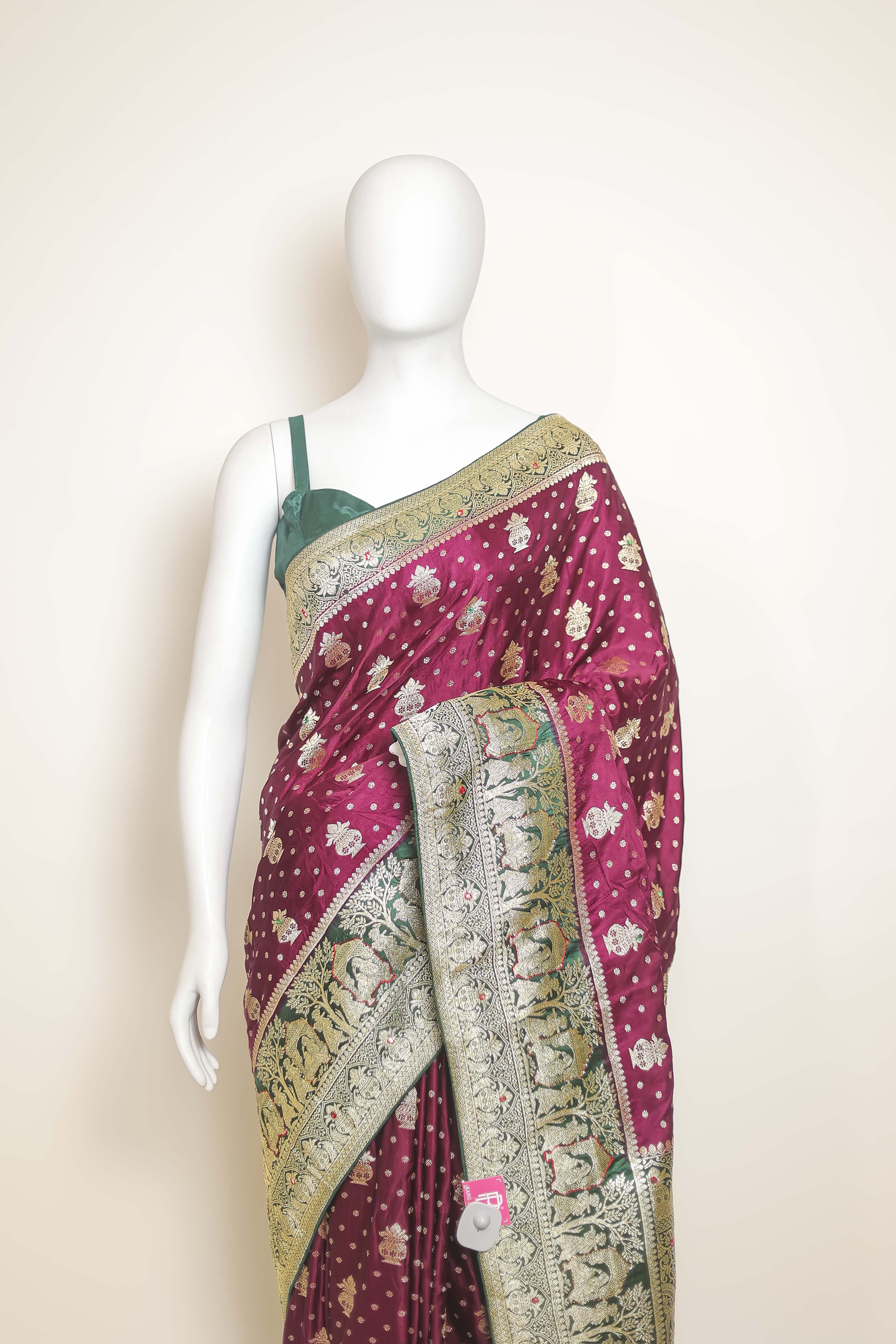 Elegant Hand-Touched Satin Silk Saree – Wine & Bottle Green Border