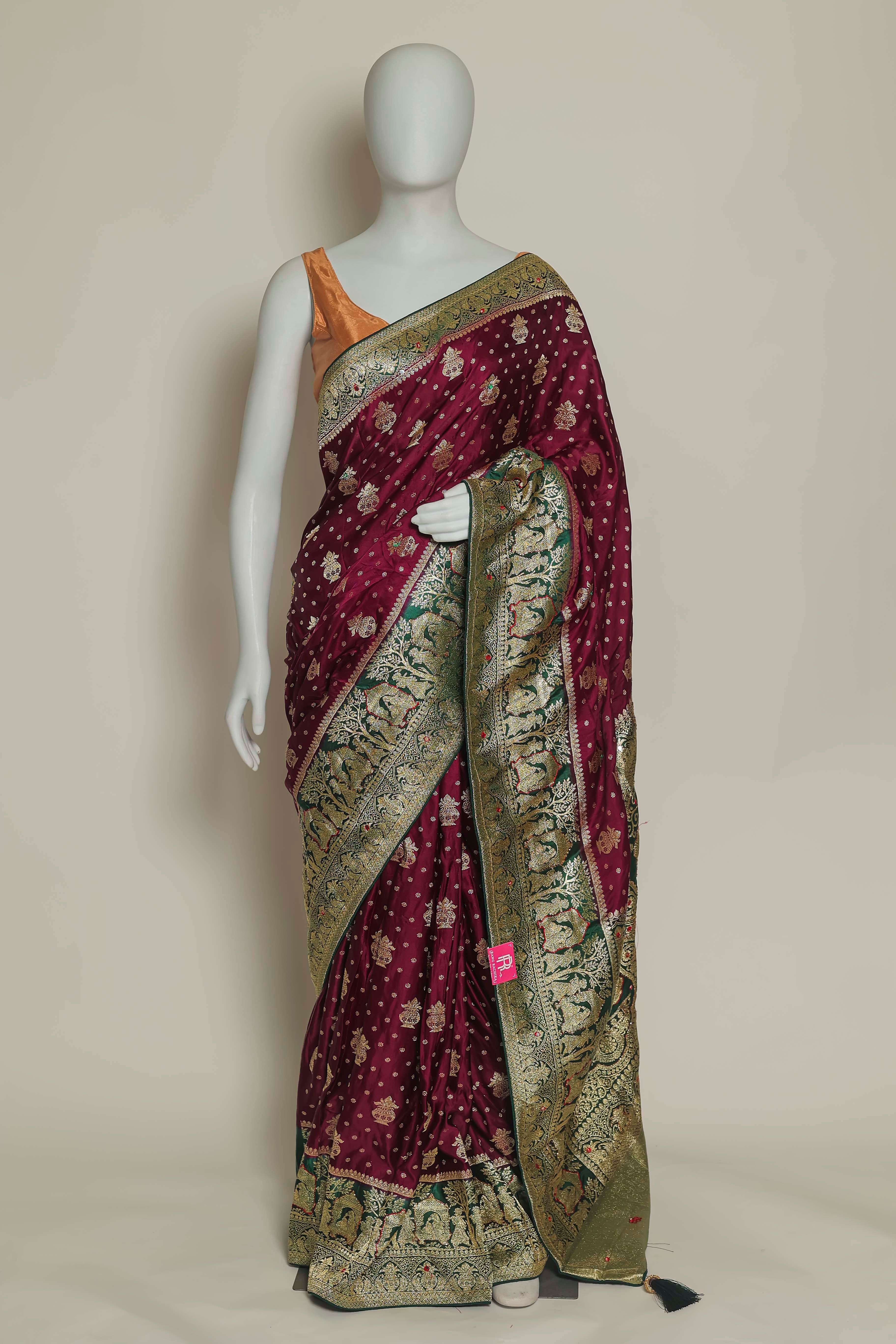 Majestic Wine Satin Silk Saree – Bottle Green Border & Hand-Touched Elegance