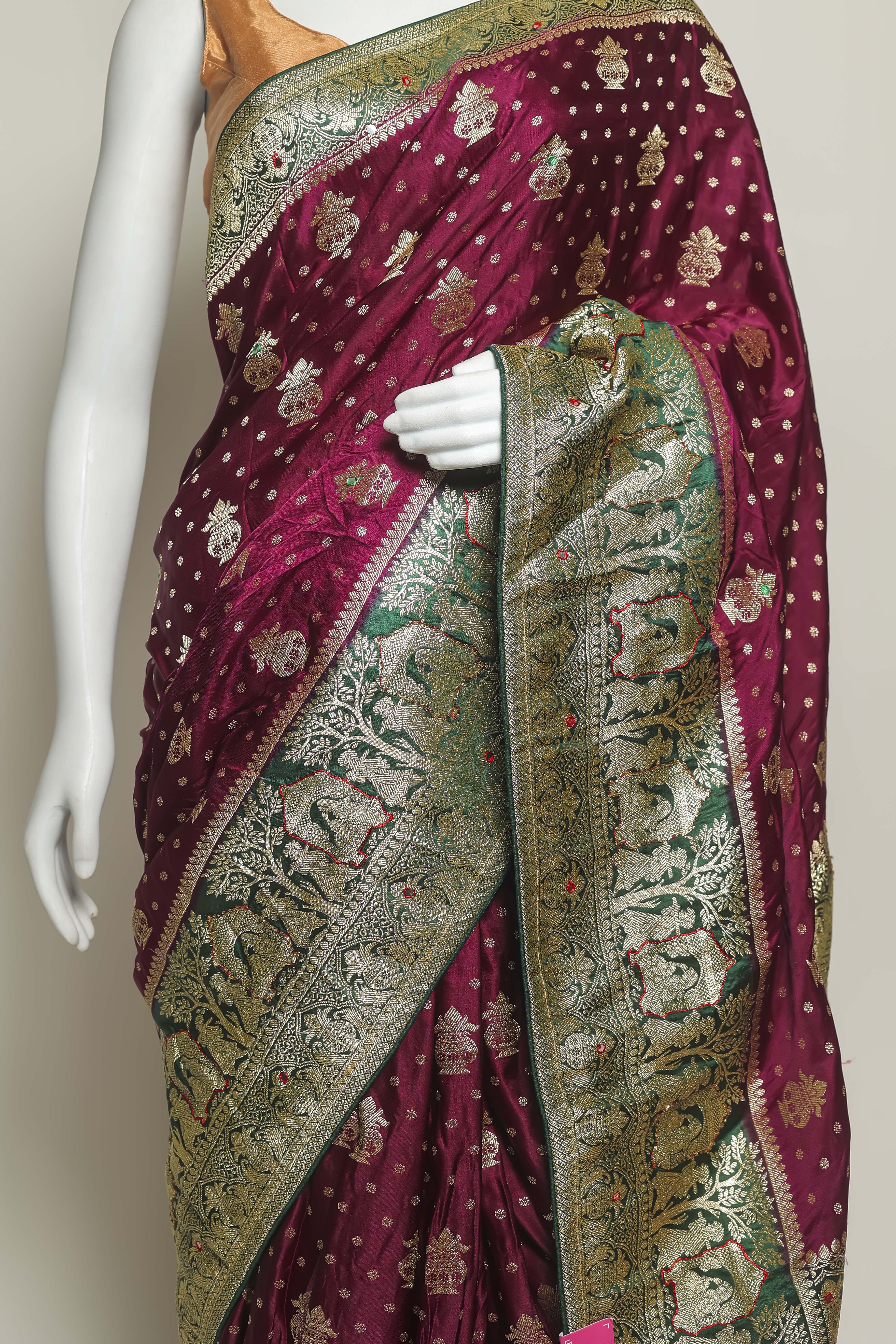 Majestic Wine Satin Silk Saree – Bottle Green Border & Hand-Touched Elegance