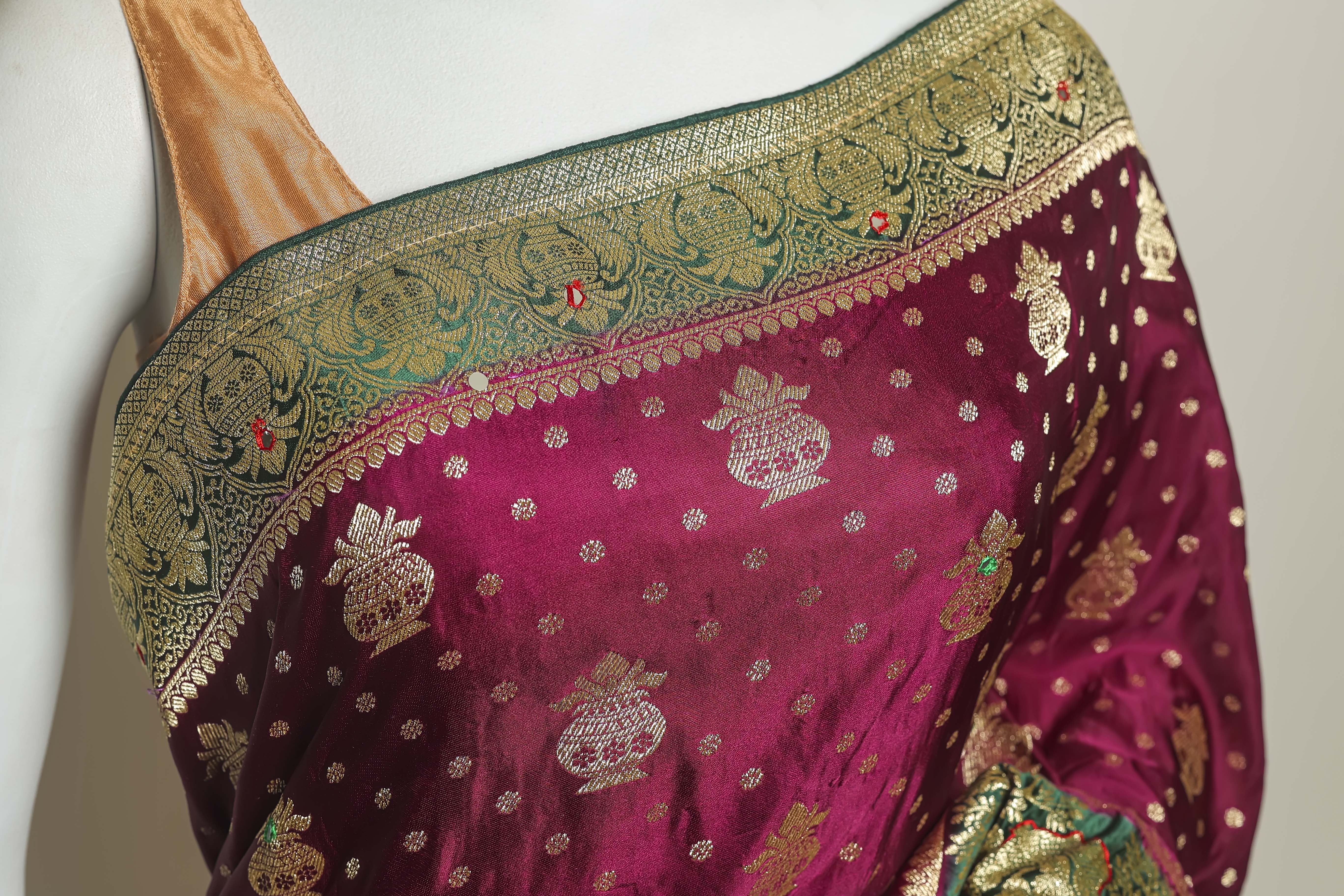 Majestic Wine Satin Silk Saree – Bottle Green Border & Hand-Touched Elegance