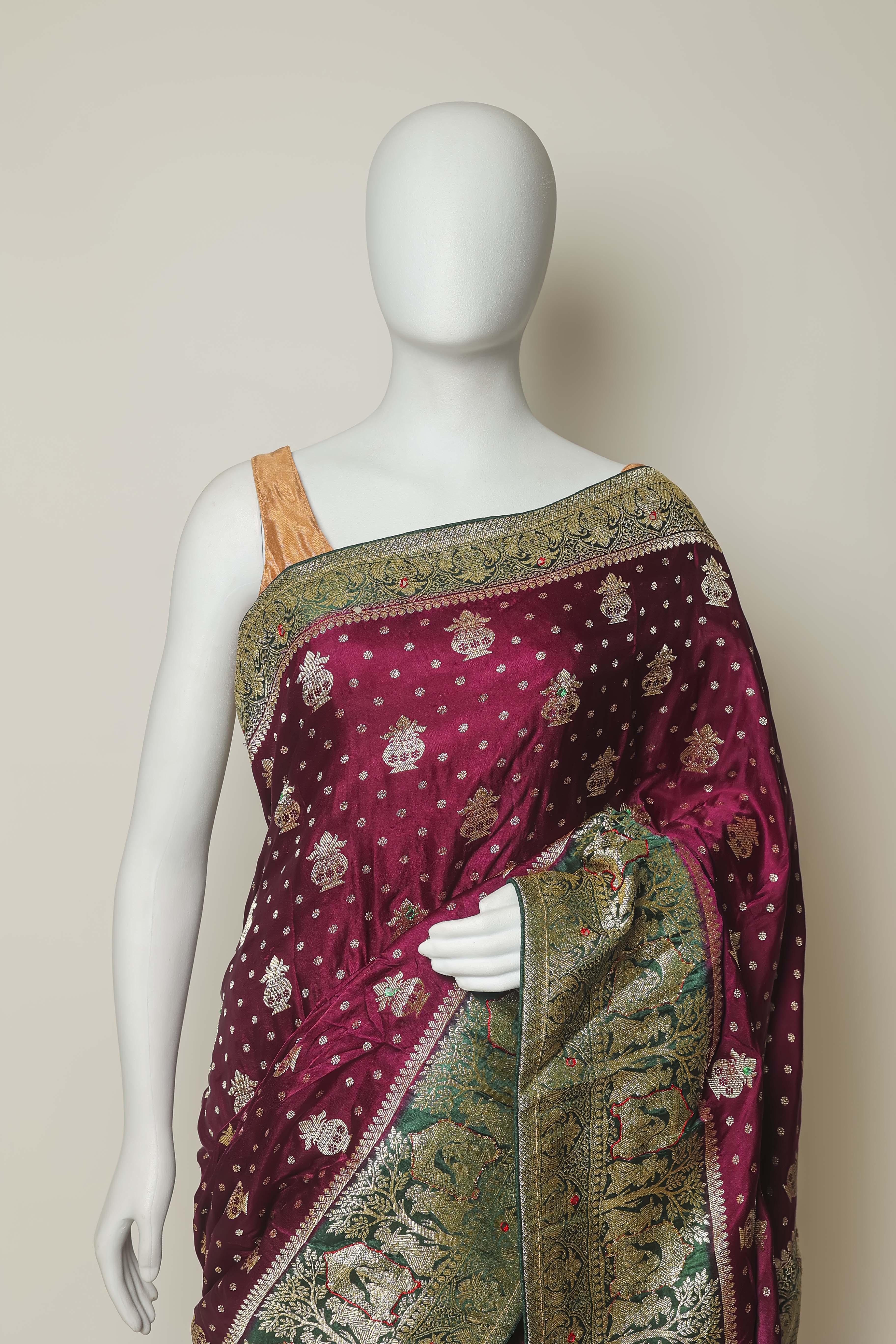 Majestic Wine Satin Silk Saree – Bottle Green Border & Hand-Touched Elegance