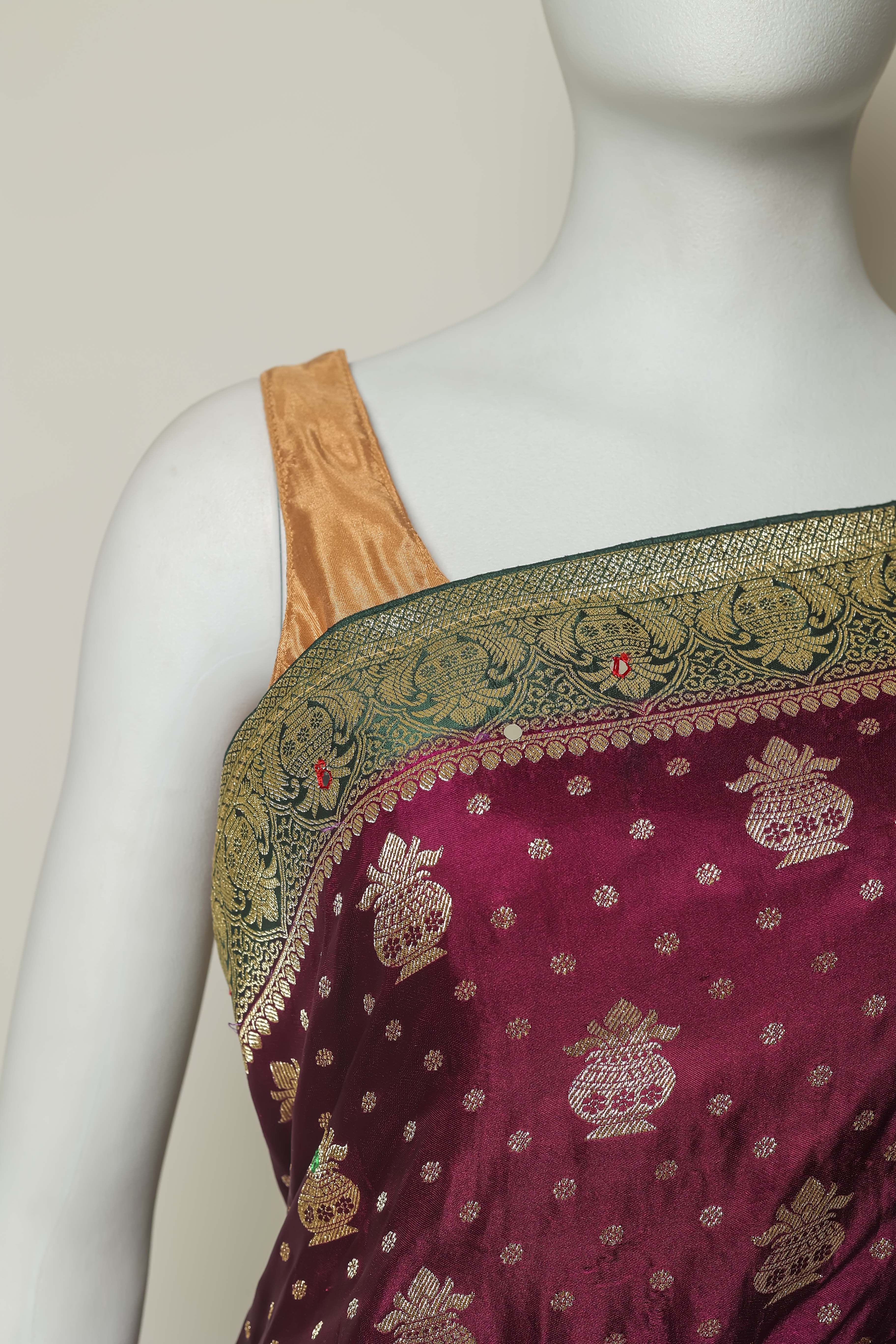 Majestic Wine Satin Silk Saree – Bottle Green Border & Hand-Touched Elegance