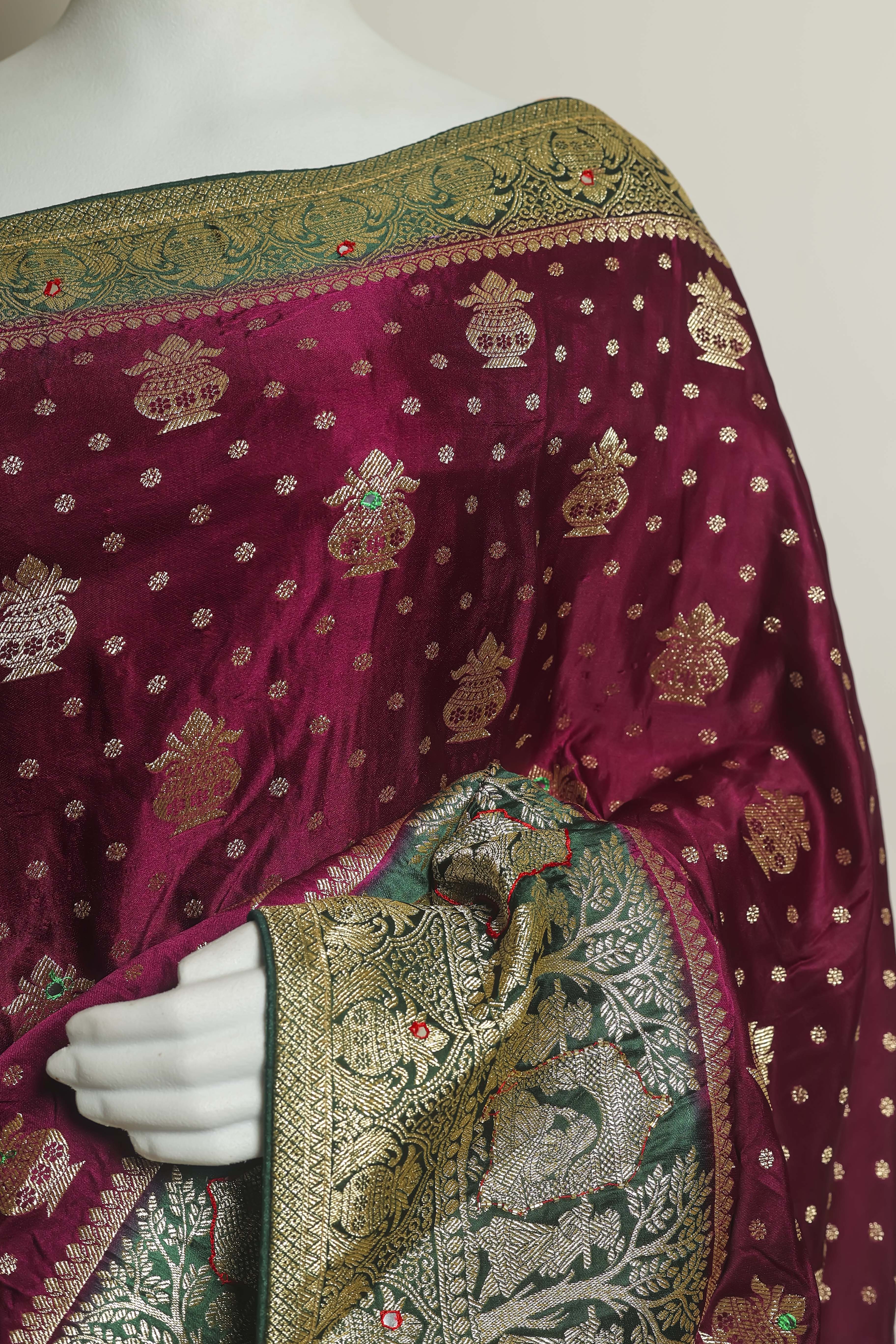 Majestic Wine Satin Silk Saree – Bottle Green Border & Hand-Touched Elegance