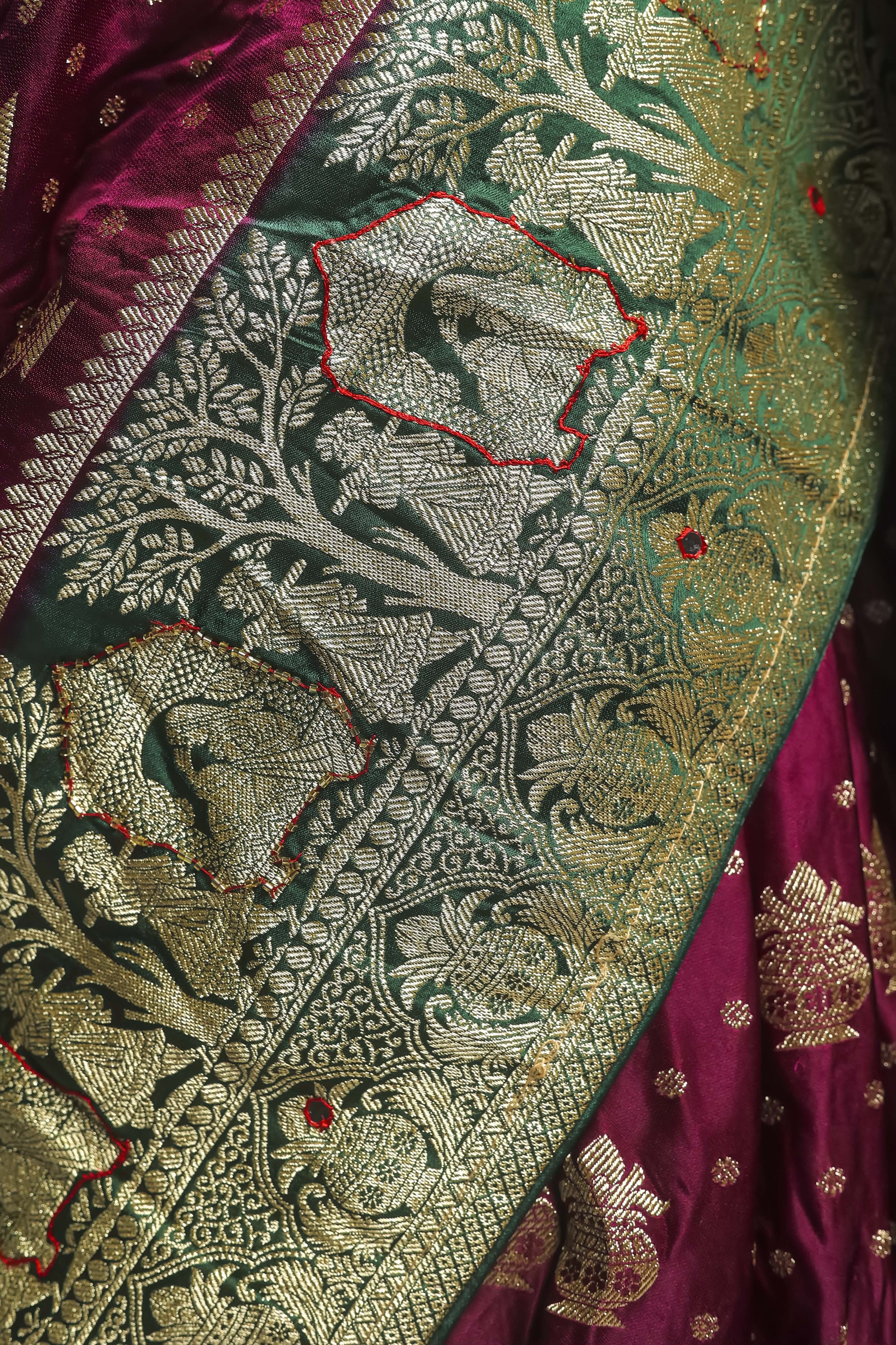 Majestic Wine Satin Silk Saree – Bottle Green Border & Hand-Touched Elegance