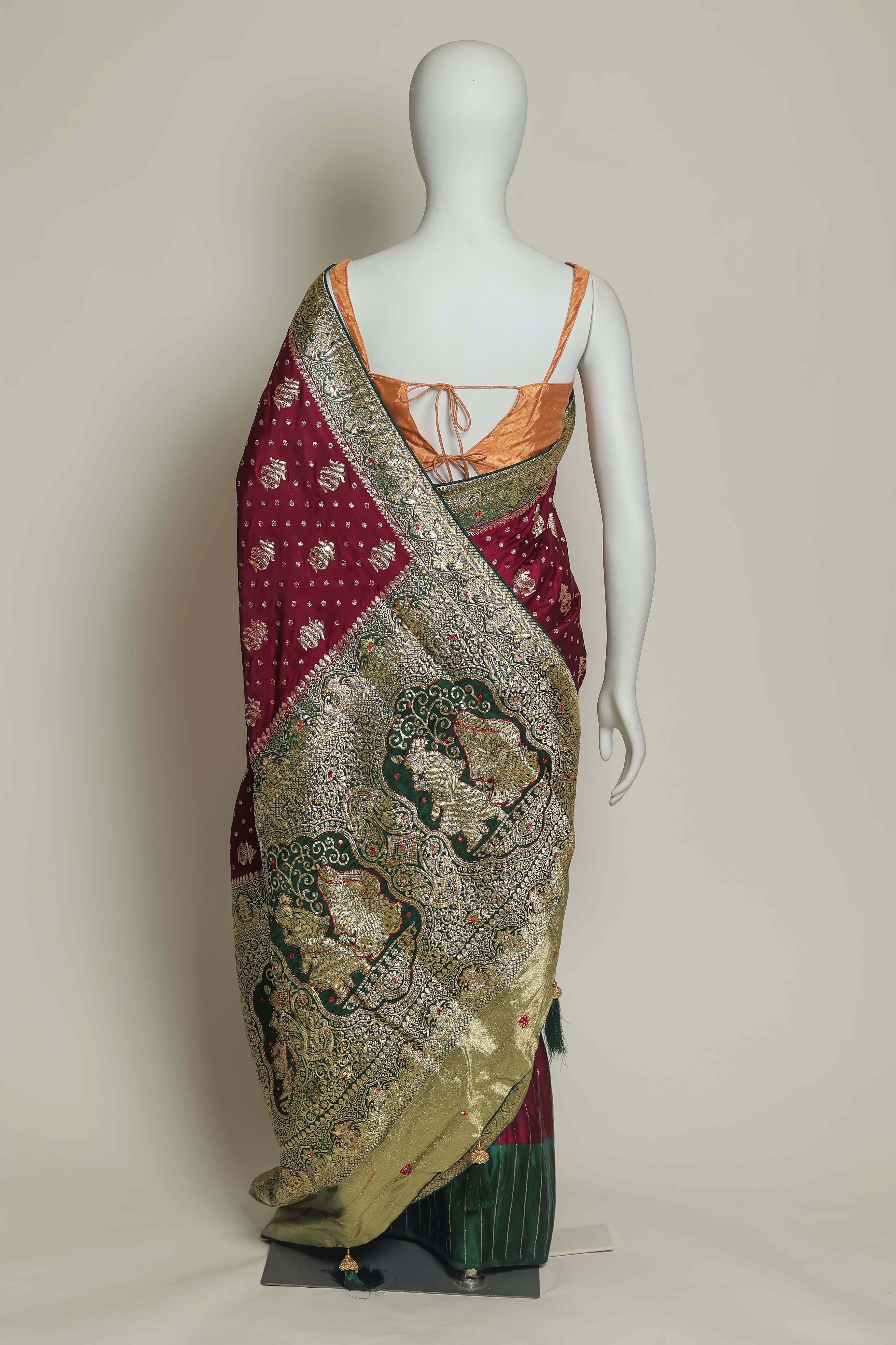 Majestic Wine Satin Silk Saree – Bottle Green Border & Hand-Touched Elegance