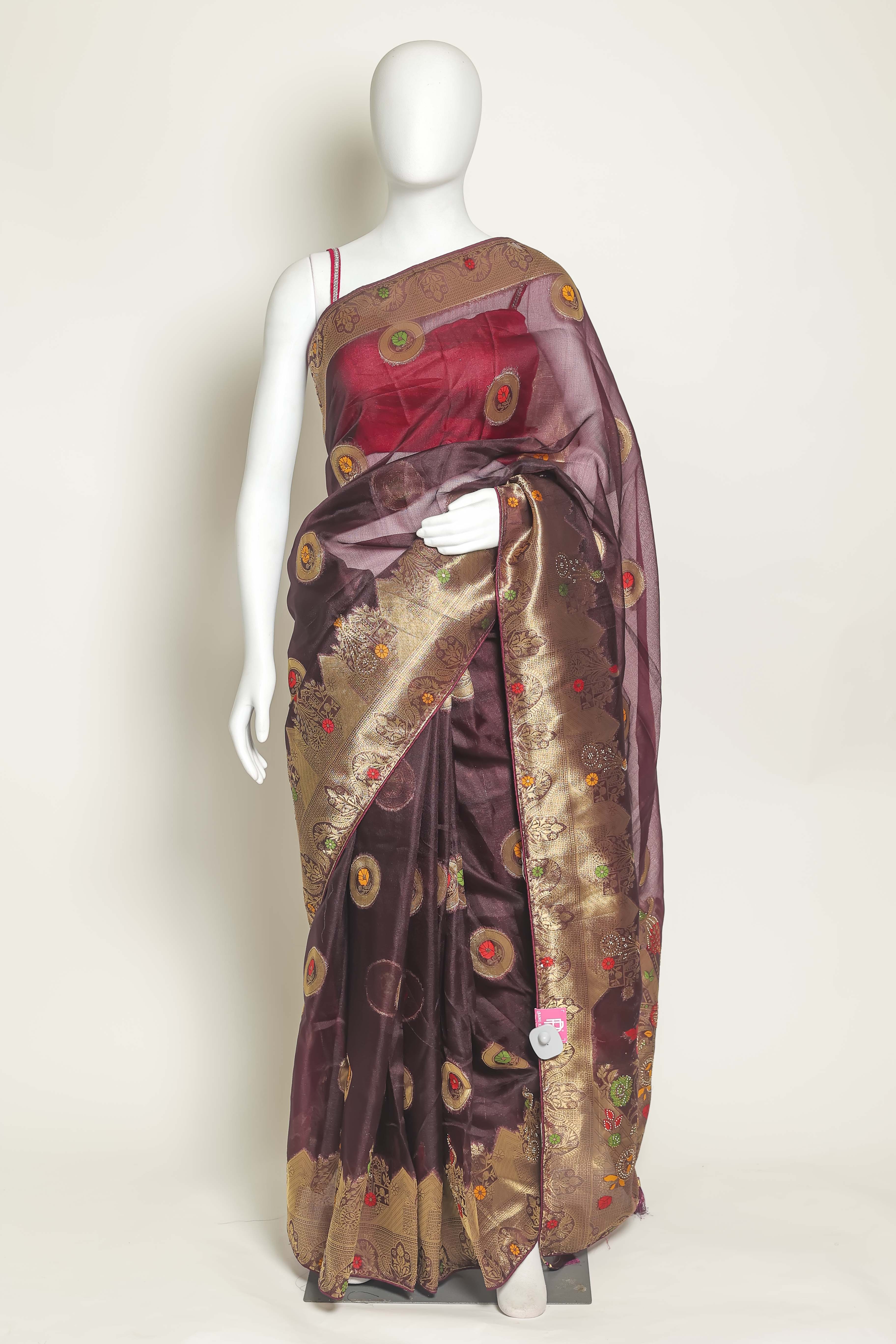 Enchanting Wine Art Organza Saree – Meena Embroidery Delight