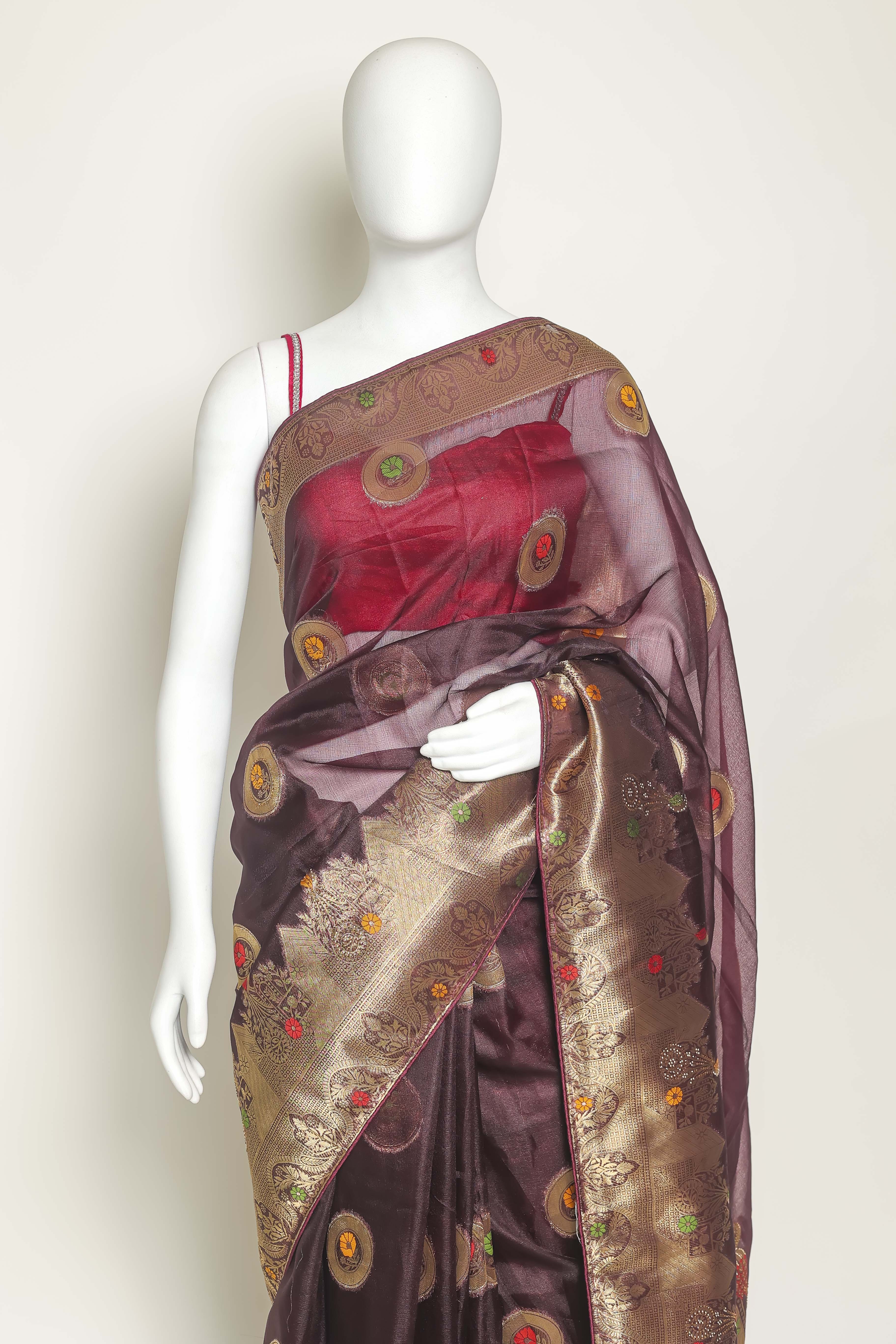 Enchanting Wine Art Organza Saree – Meena Embroidery Delight