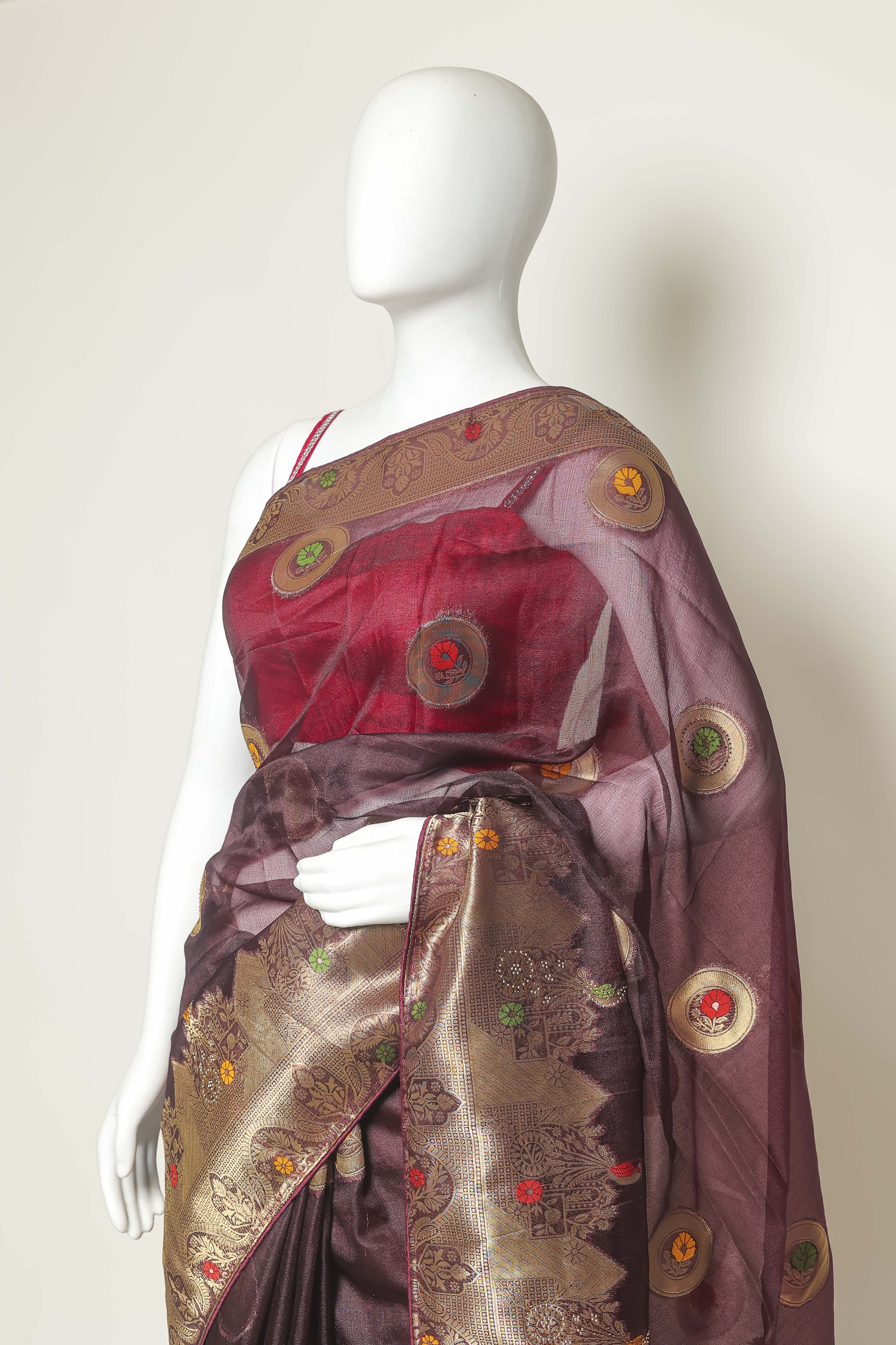 Enchanting Wine Art Organza Saree – Meena Embroidery Delight