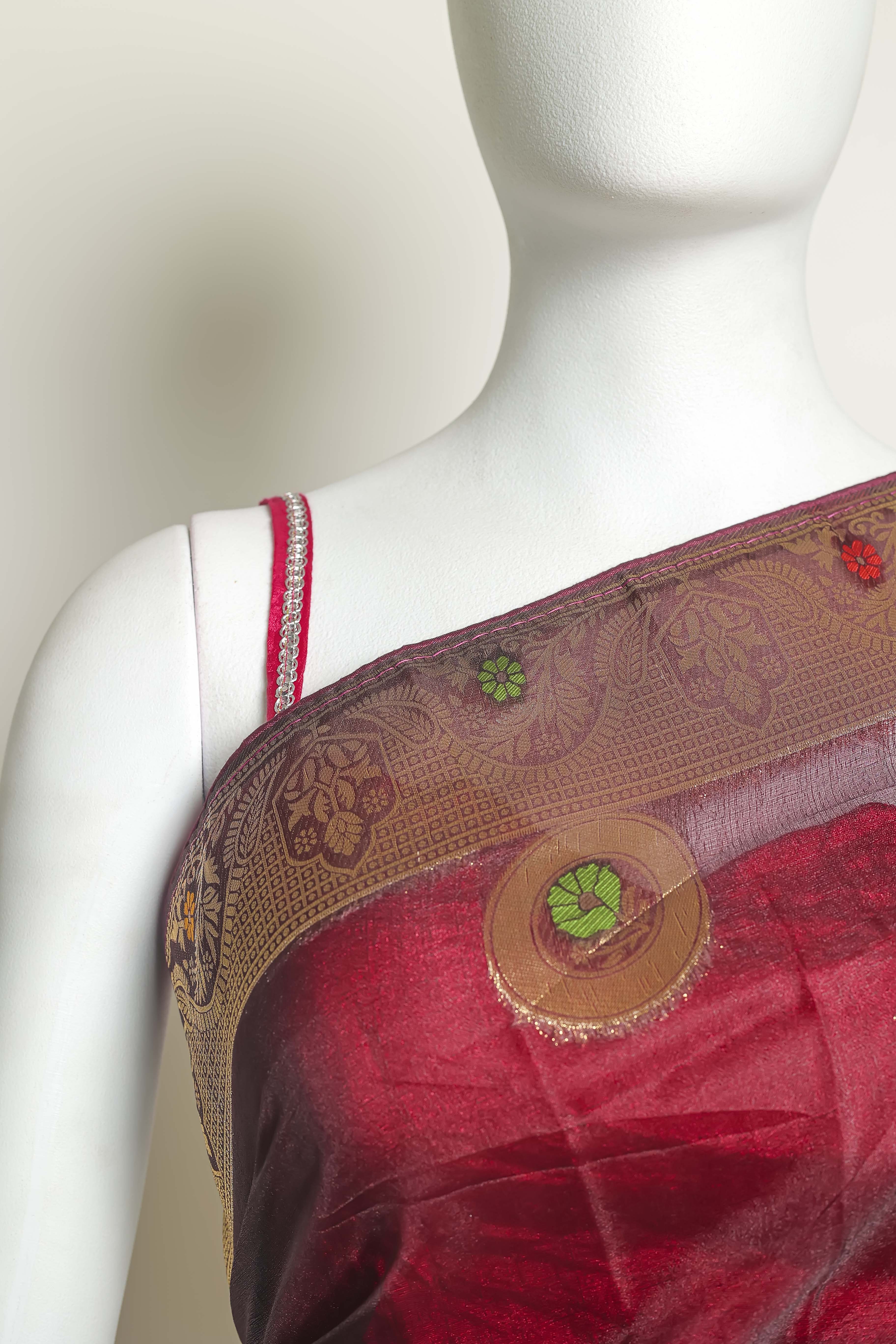 Enchanting Wine Art Organza Saree – Meena Embroidery Delight