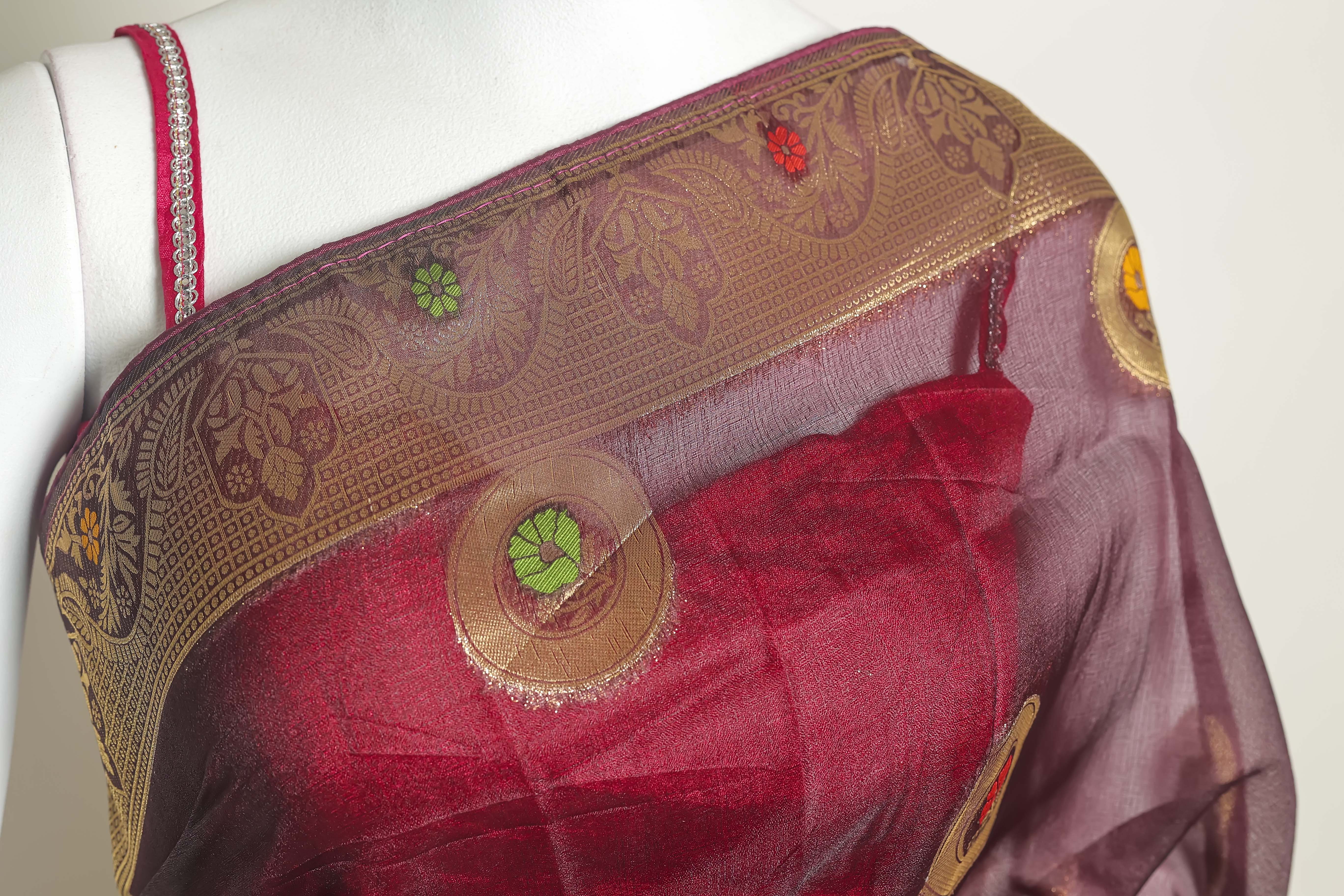 Enchanting Wine Art Organza Saree – Meena Embroidery Delight