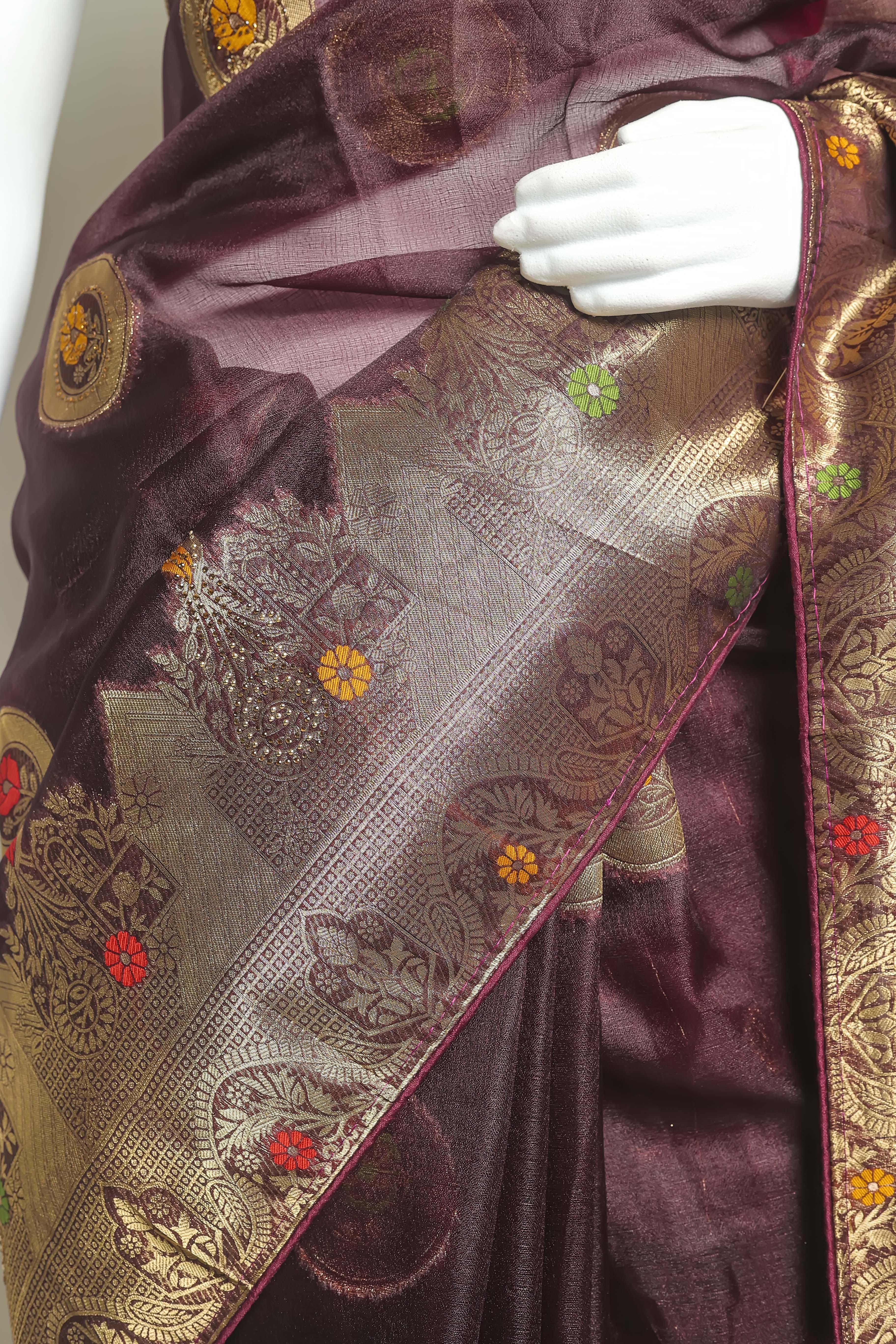 Enchanting Wine Art Organza Saree – Meena Embroidery Delight
