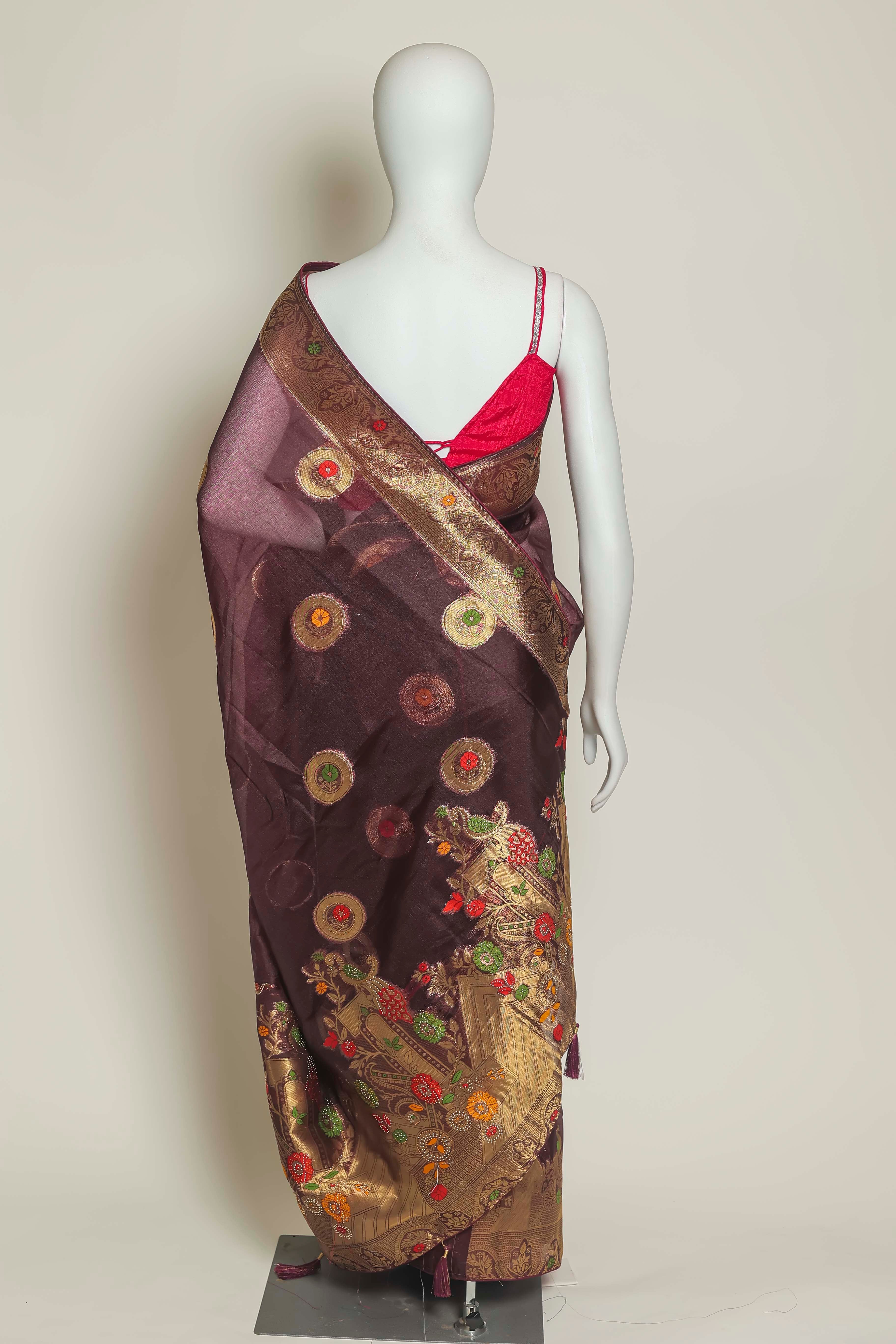Enchanting Wine Art Organza Saree – Meena Embroidery Delight