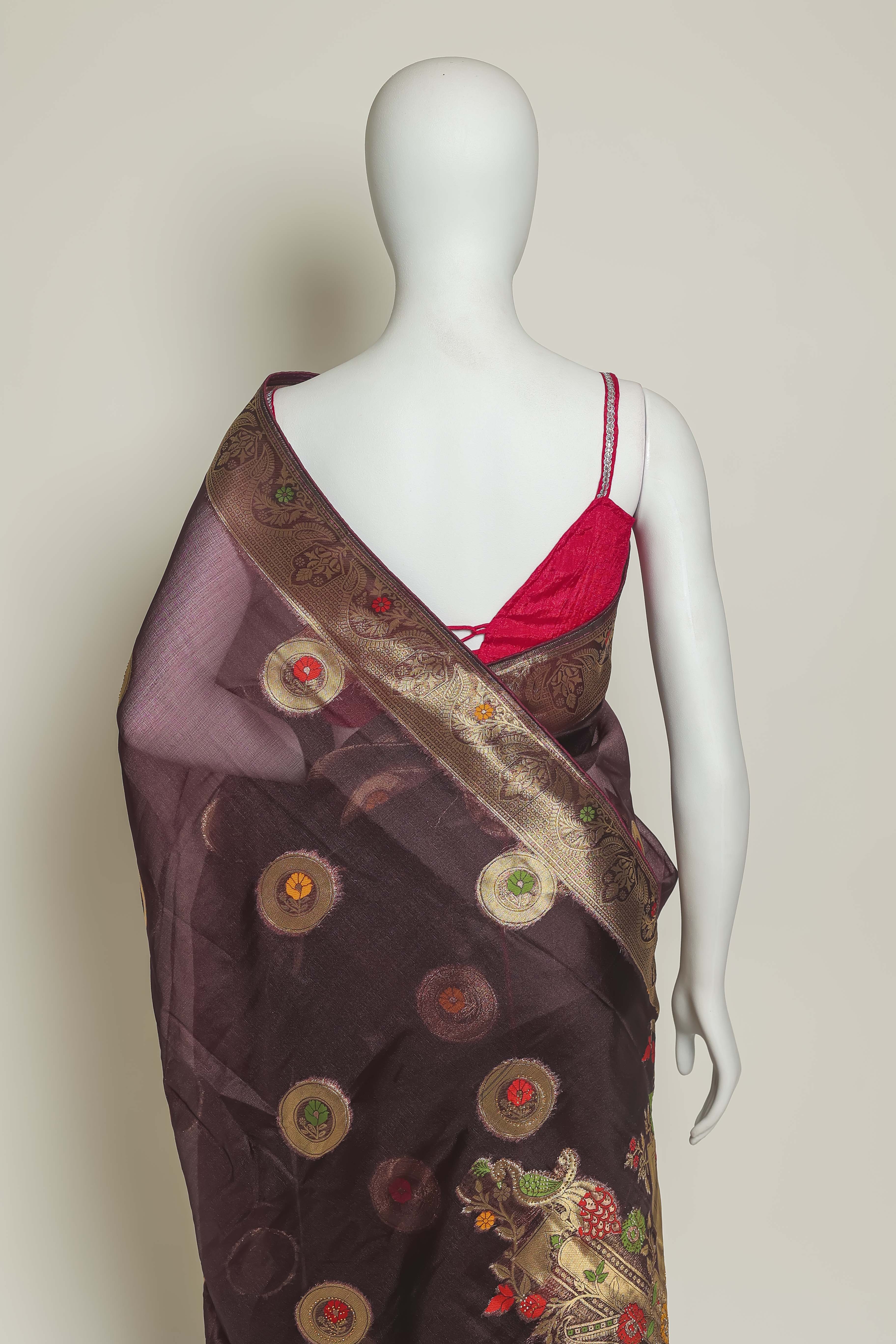 Enchanting Wine Art Organza Saree – Meena Embroidery Delight