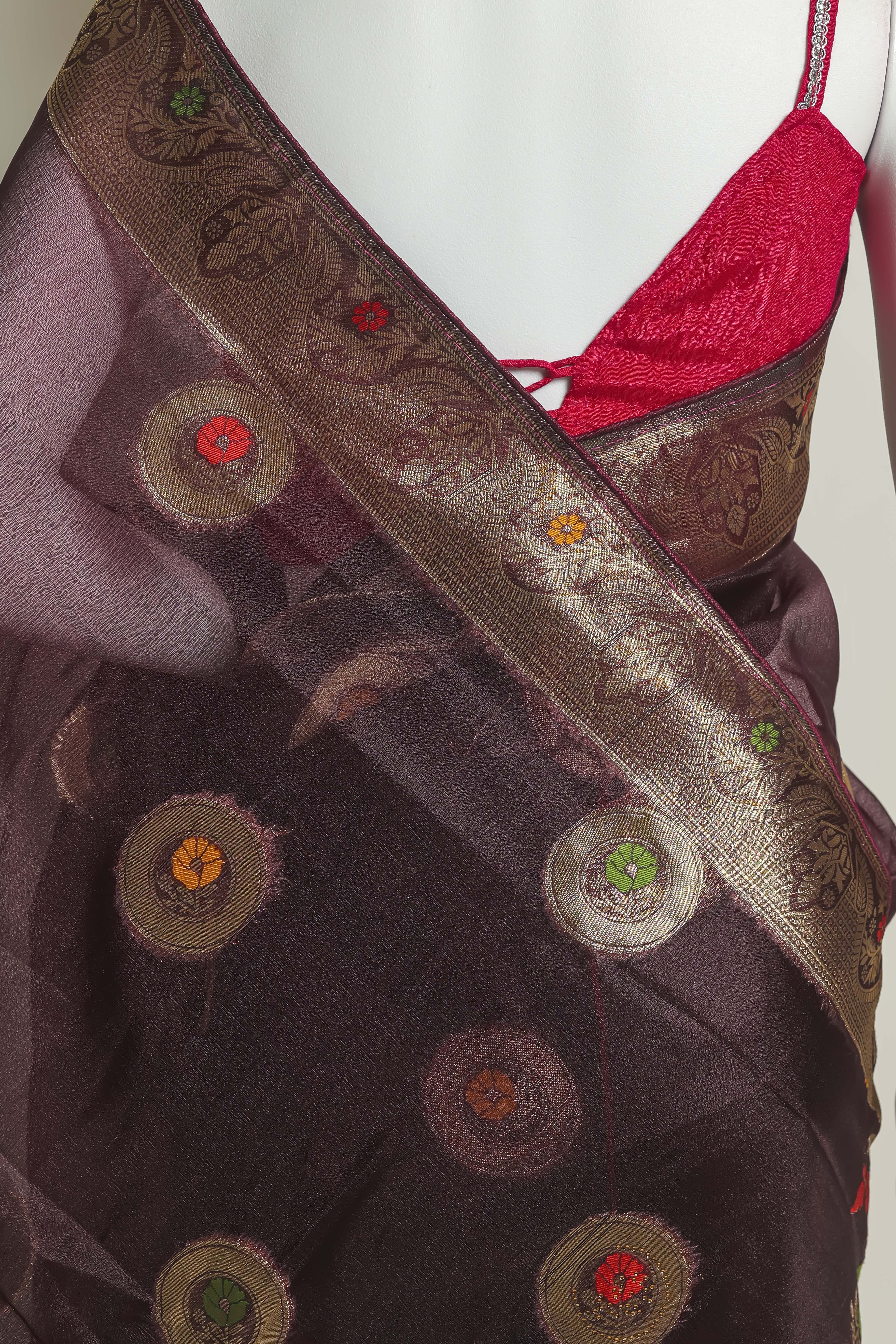 Enchanting Wine Art Organza Saree – Meena Embroidery Delight