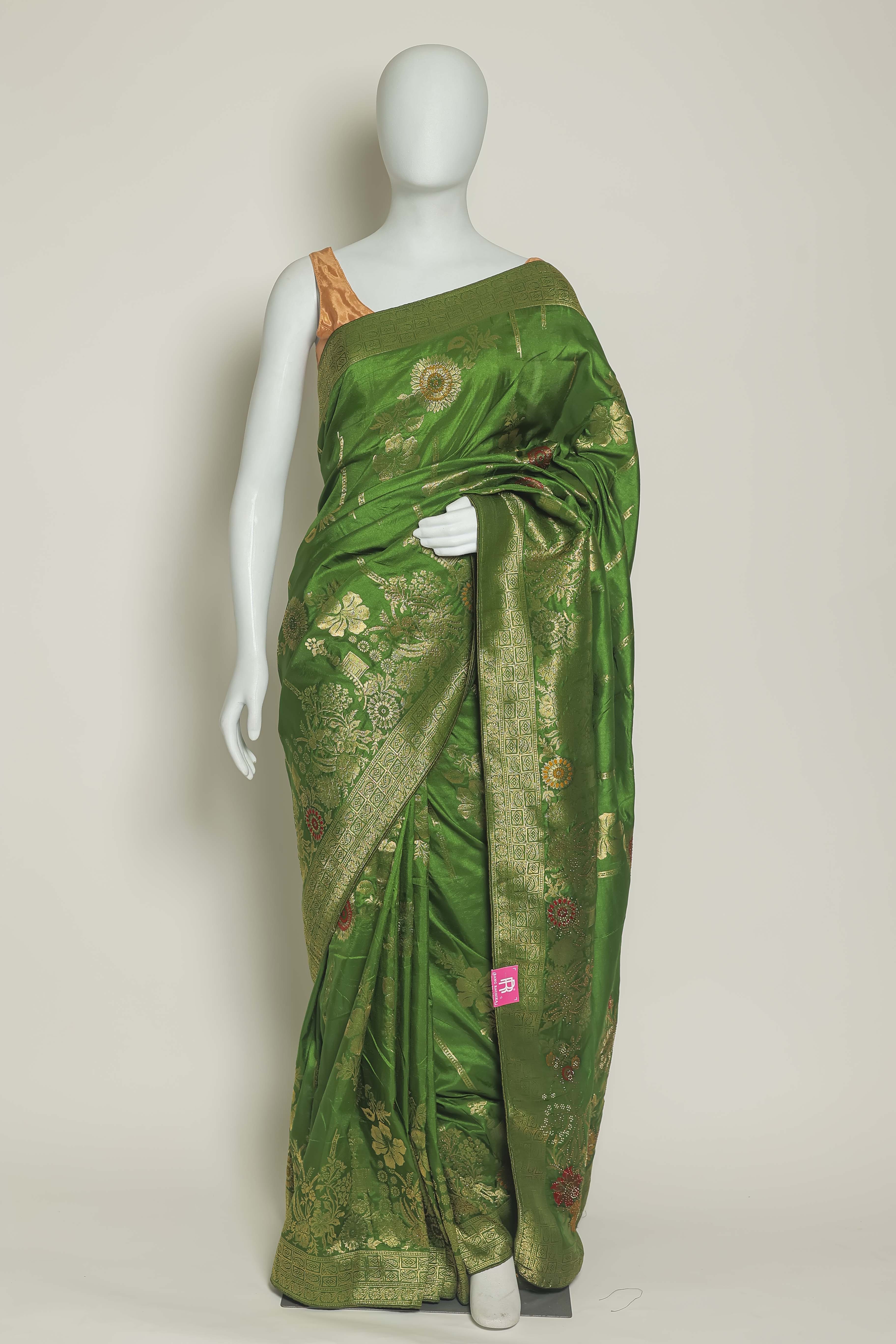 Vibrant Green Art Silk Saree – Meena Embroidery Masterpiece