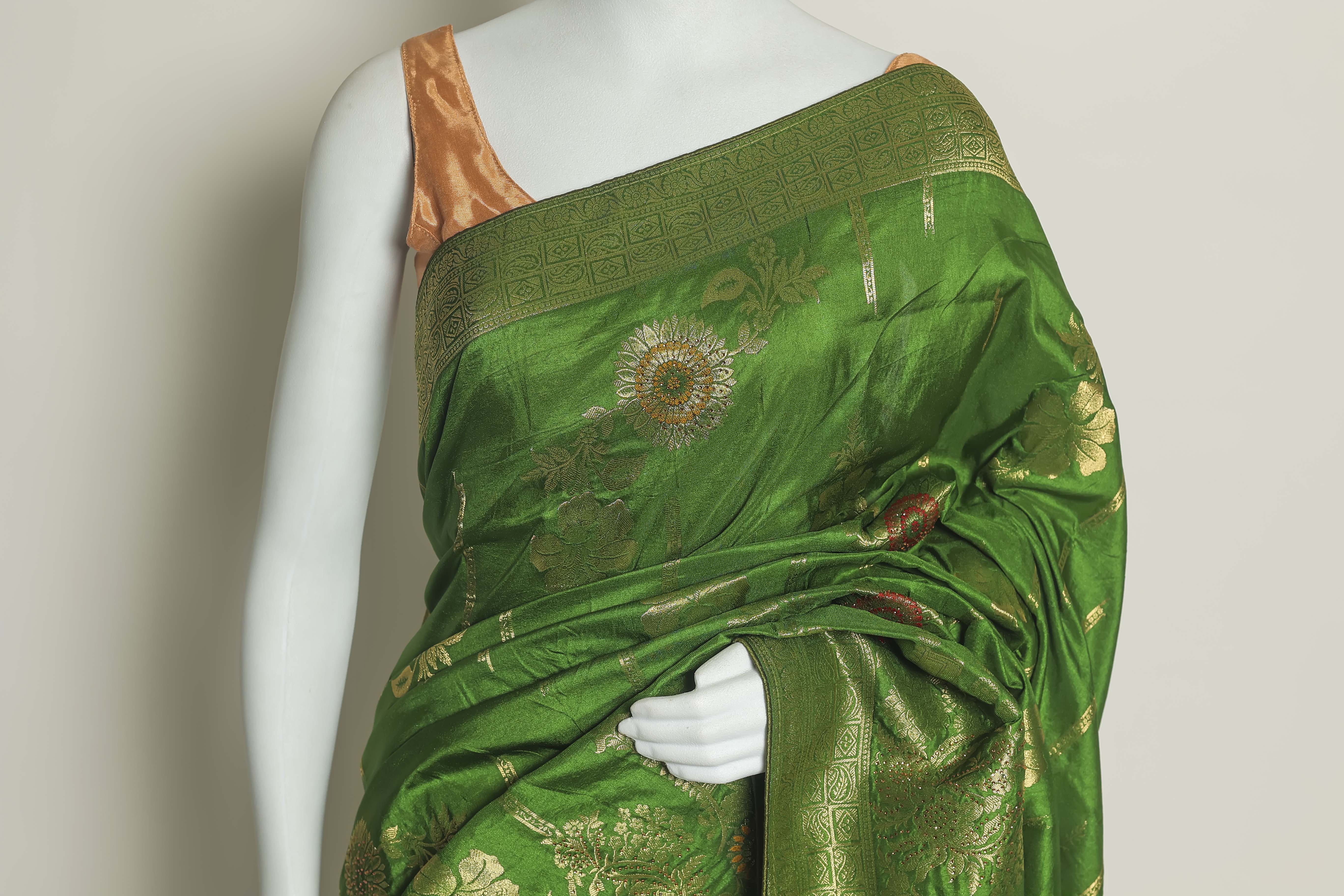 Vibrant Green Art Silk Saree – Meena Embroidery Masterpiece