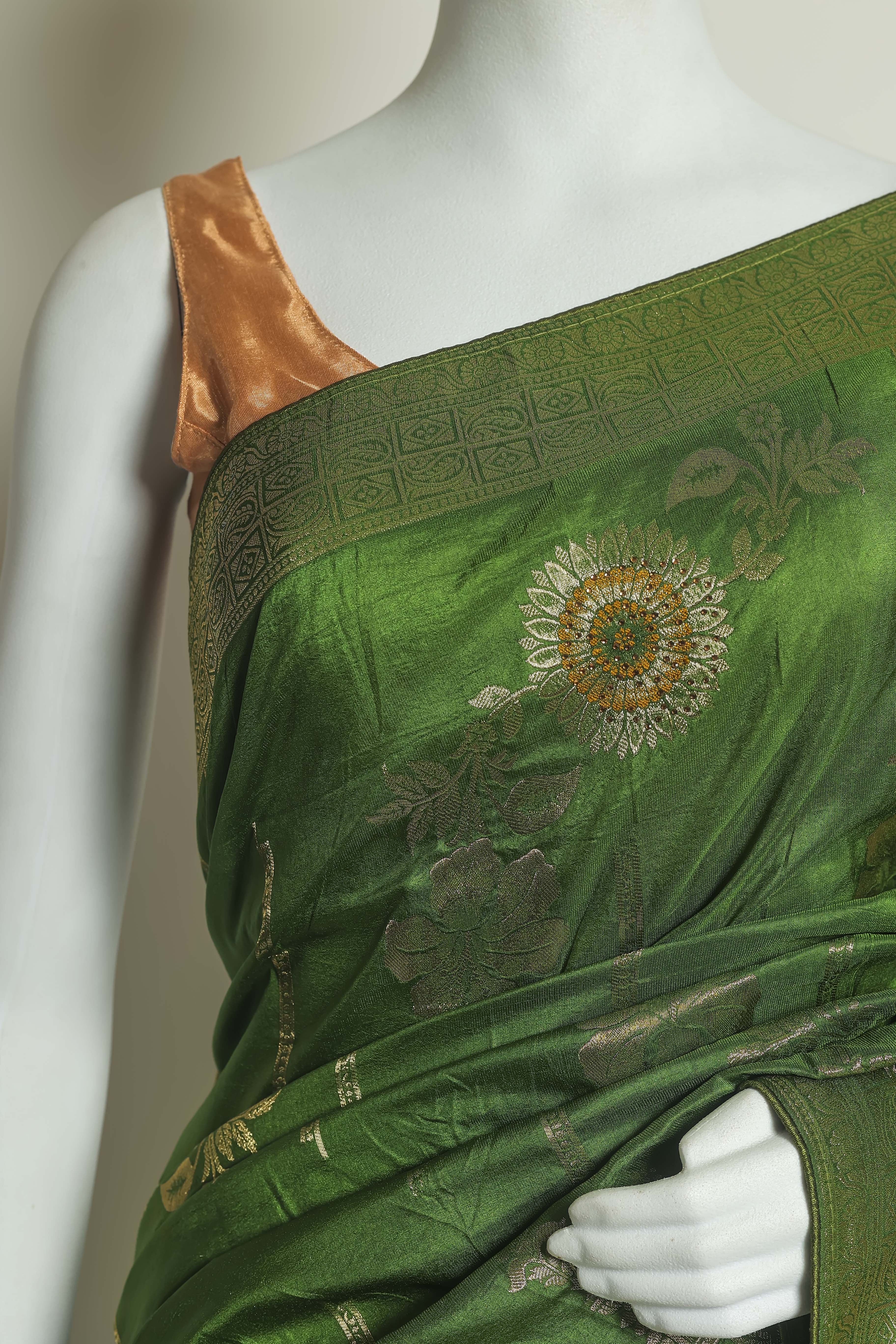 Vibrant Green Art Silk Saree – Meena Embroidery Masterpiece