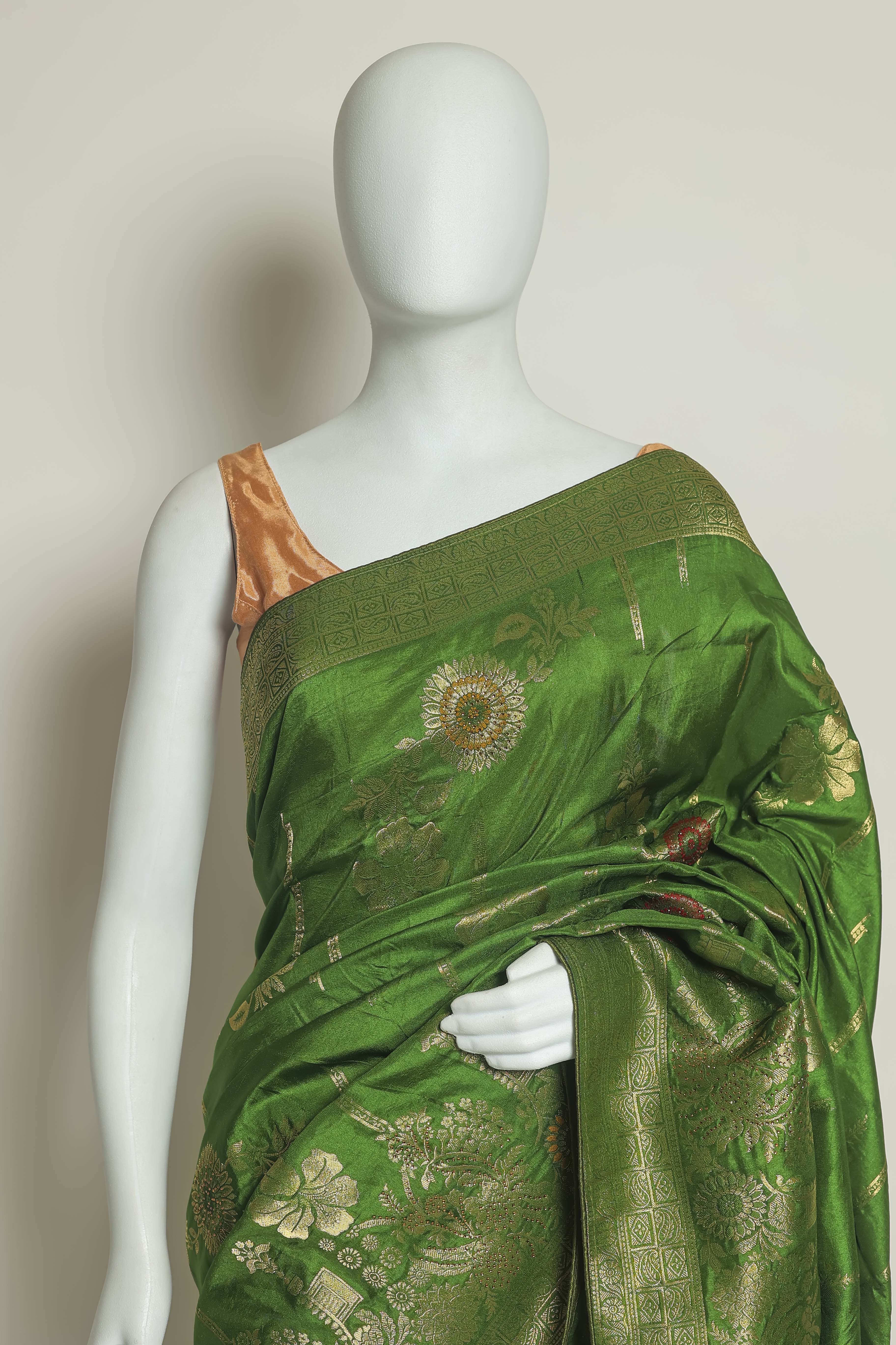 Vibrant Green Art Silk Saree – Meena Embroidery Masterpiece