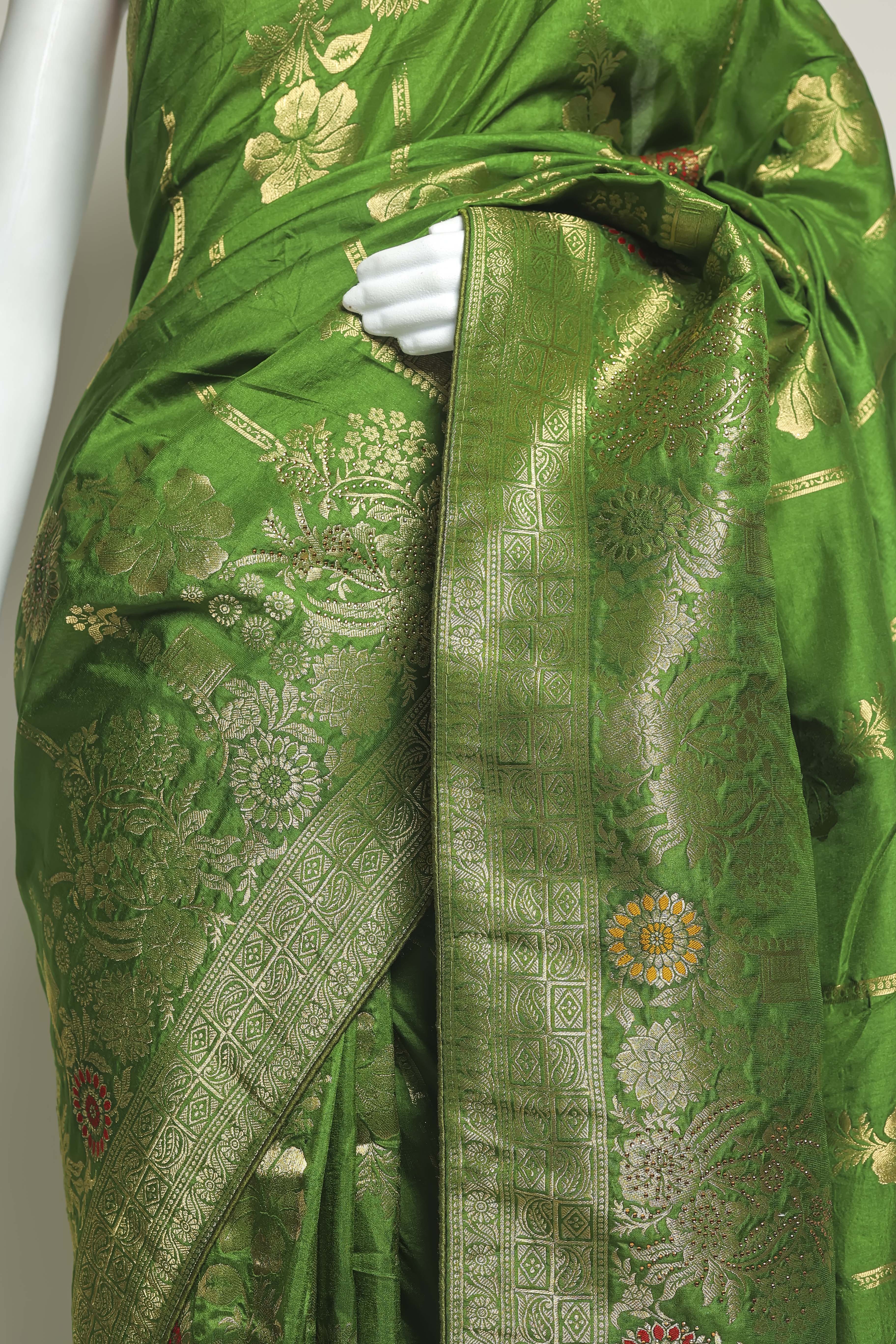 Vibrant Green Art Silk Saree – Meena Embroidery Masterpiece