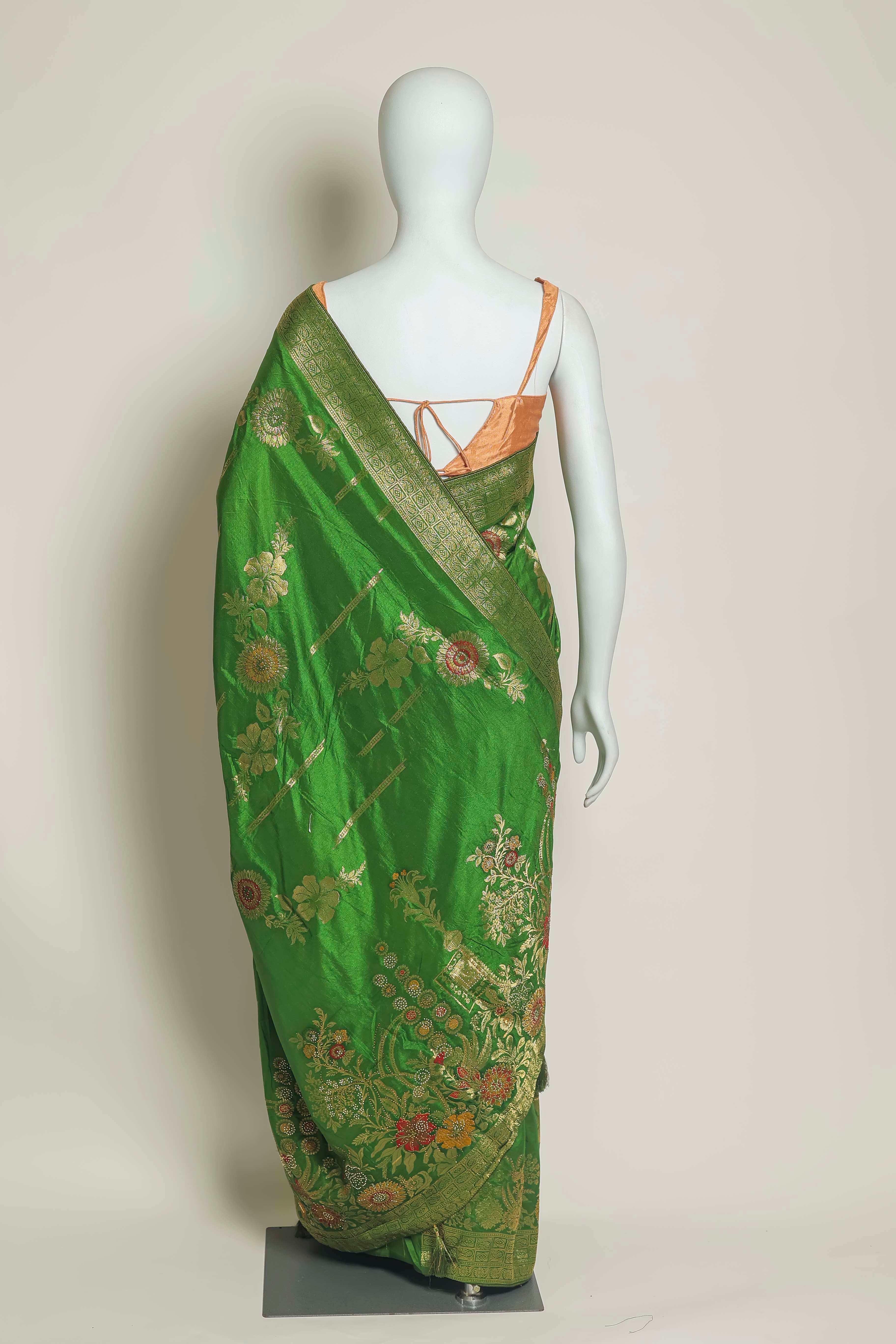 Vibrant Green Art Silk Saree – Meena Embroidery Masterpiece