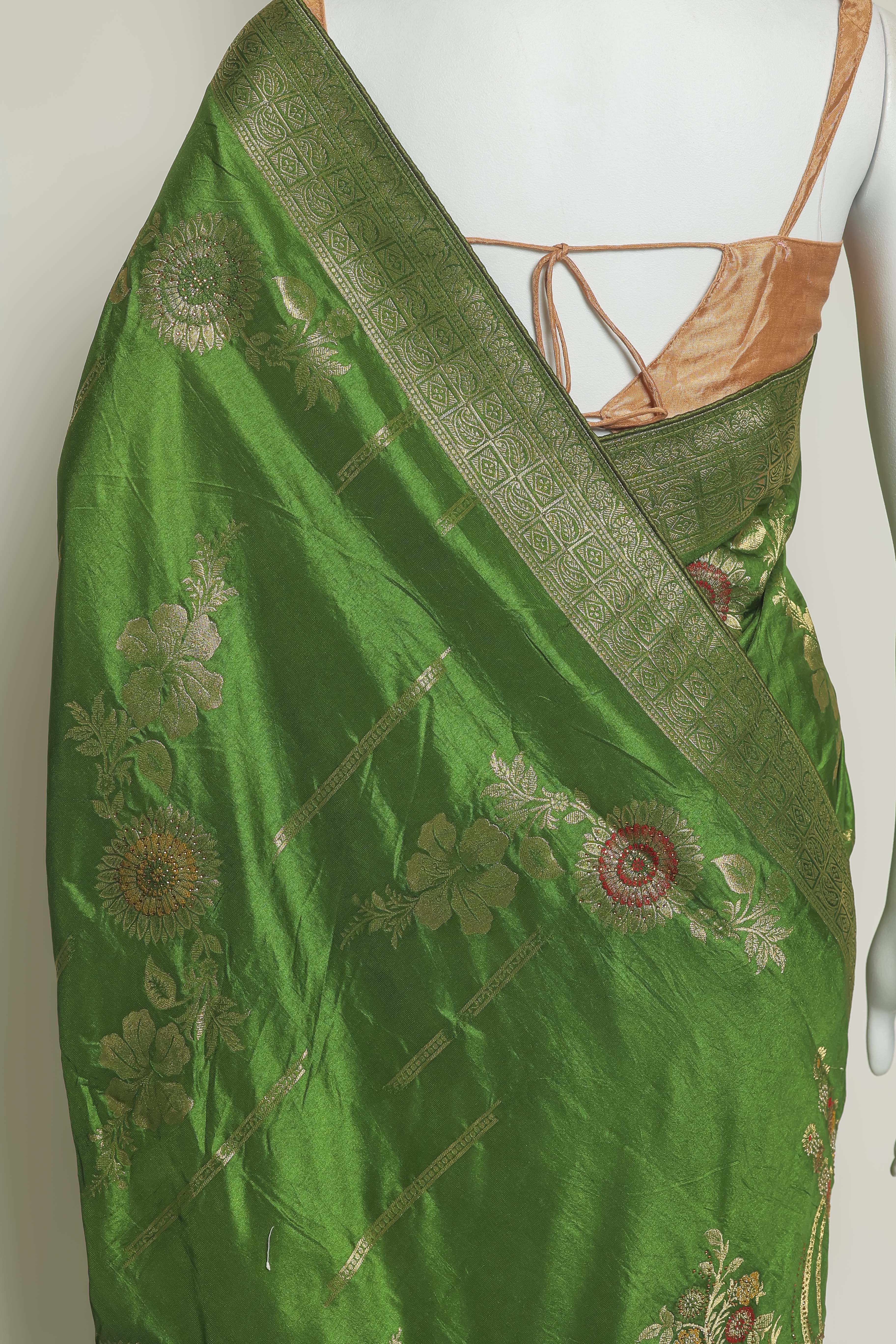 Vibrant Green Art Silk Saree – Meena Embroidery Masterpiece