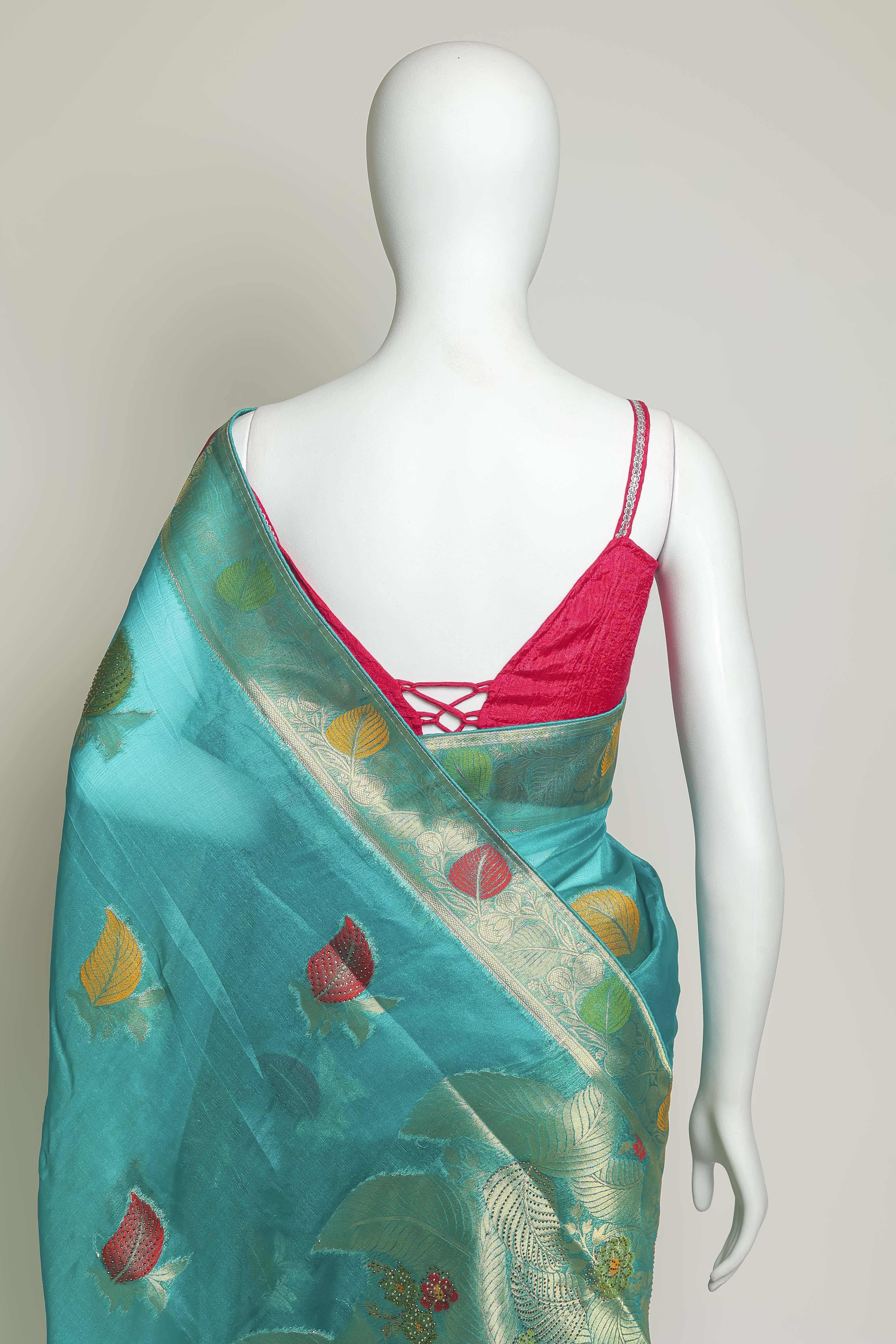 Radiant Firozi Art Organza Saree – Swarovski & Meena Embroidery Elegance