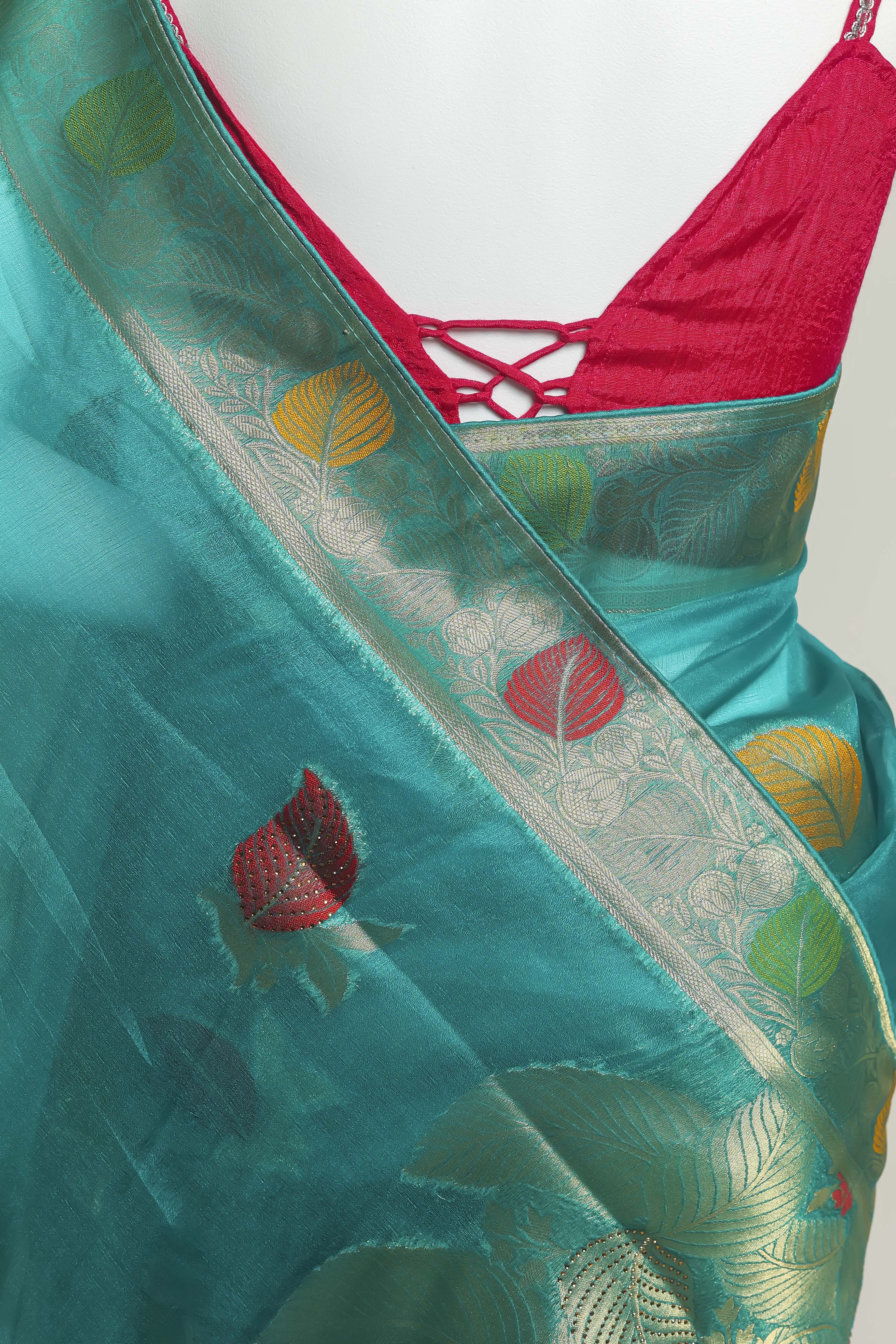 Radiant Firozi Art Organza Saree – Swarovski & Meena Embroidery Elegance