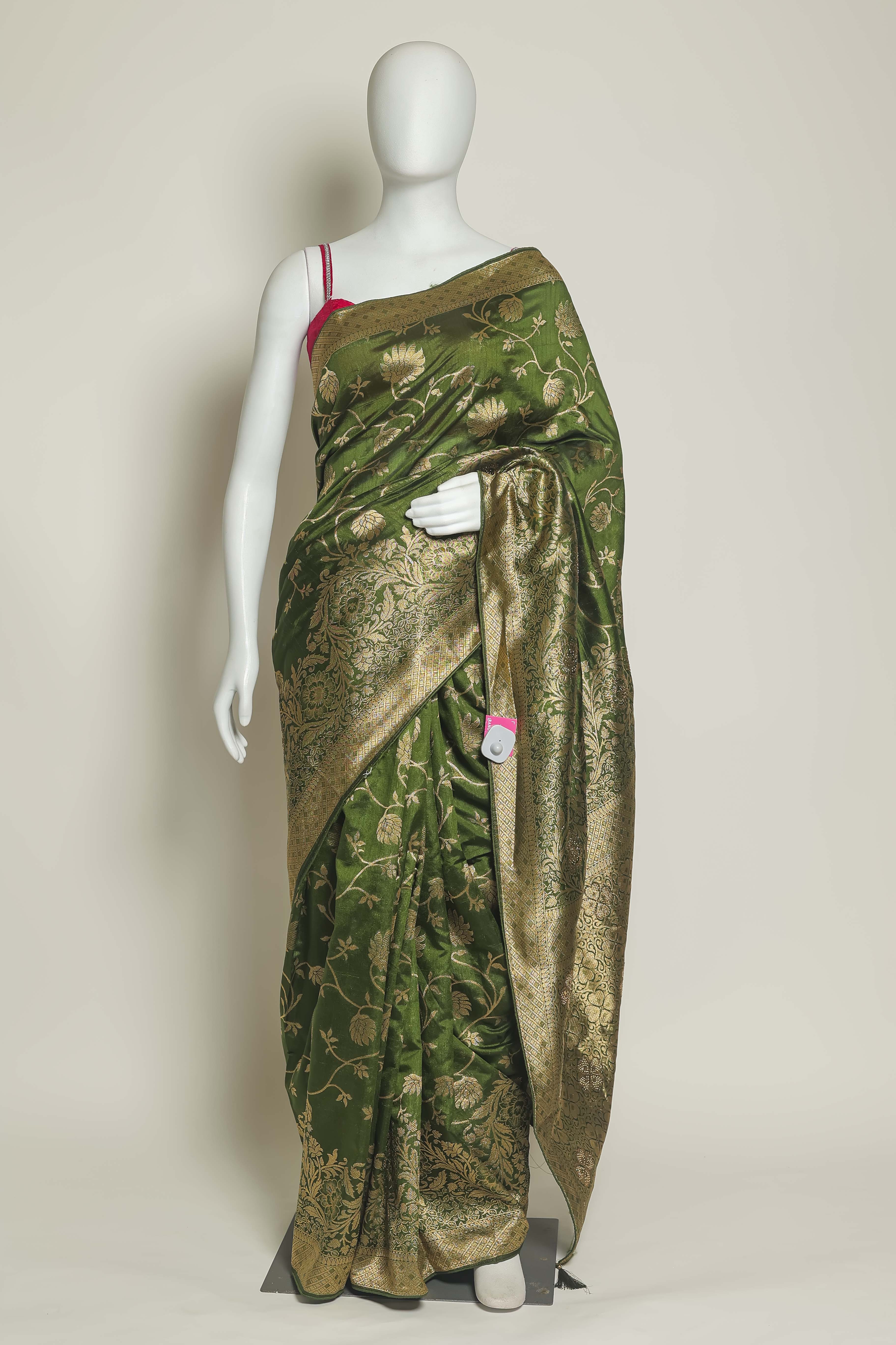 Majestic Mehndi Art Silk Saree – Swarovski Elegance in Green