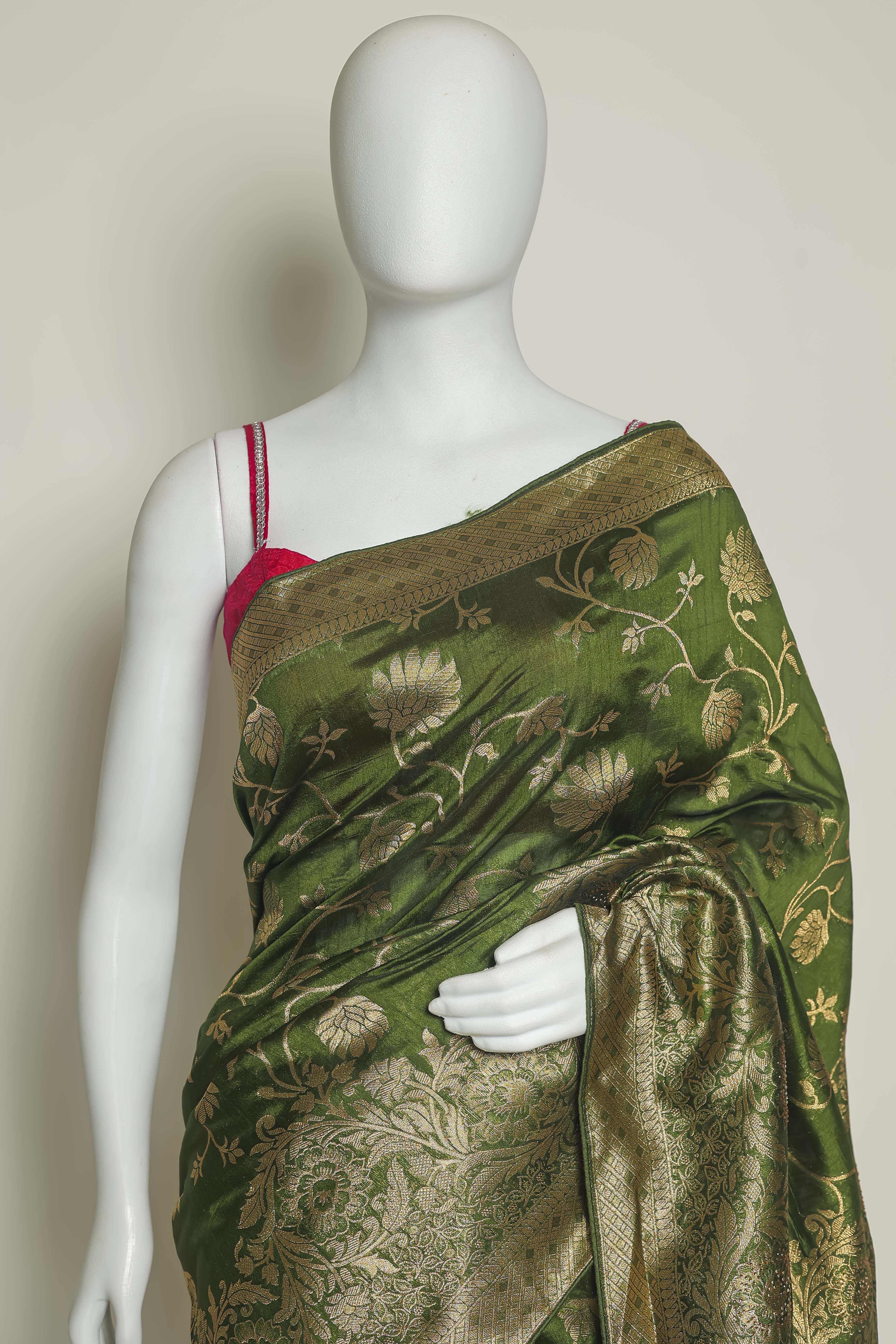 Majestic Mehndi Art Silk Saree – Swarovski Elegance in Green