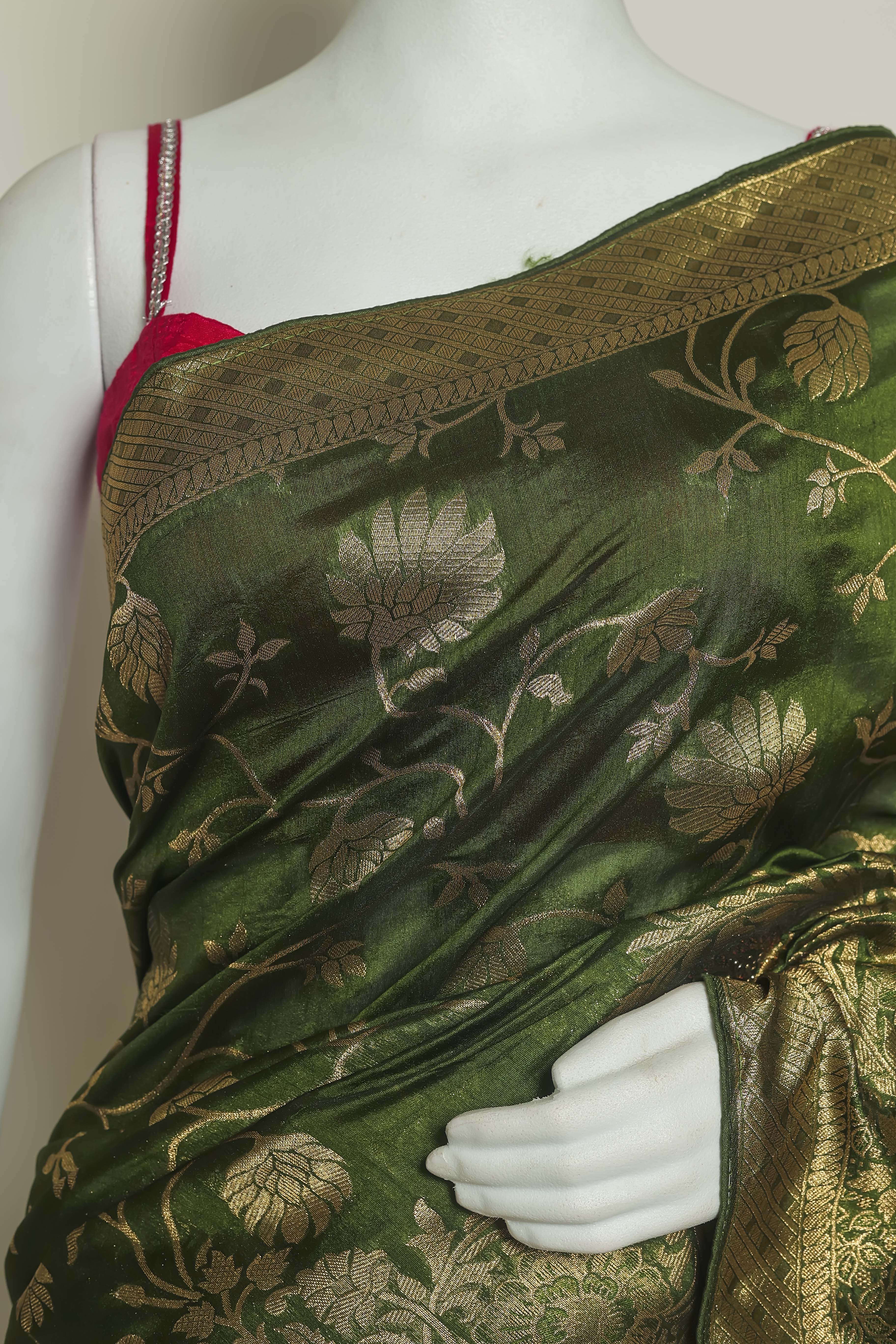 Majestic Mehndi Art Silk Saree – Swarovski Elegance in Green