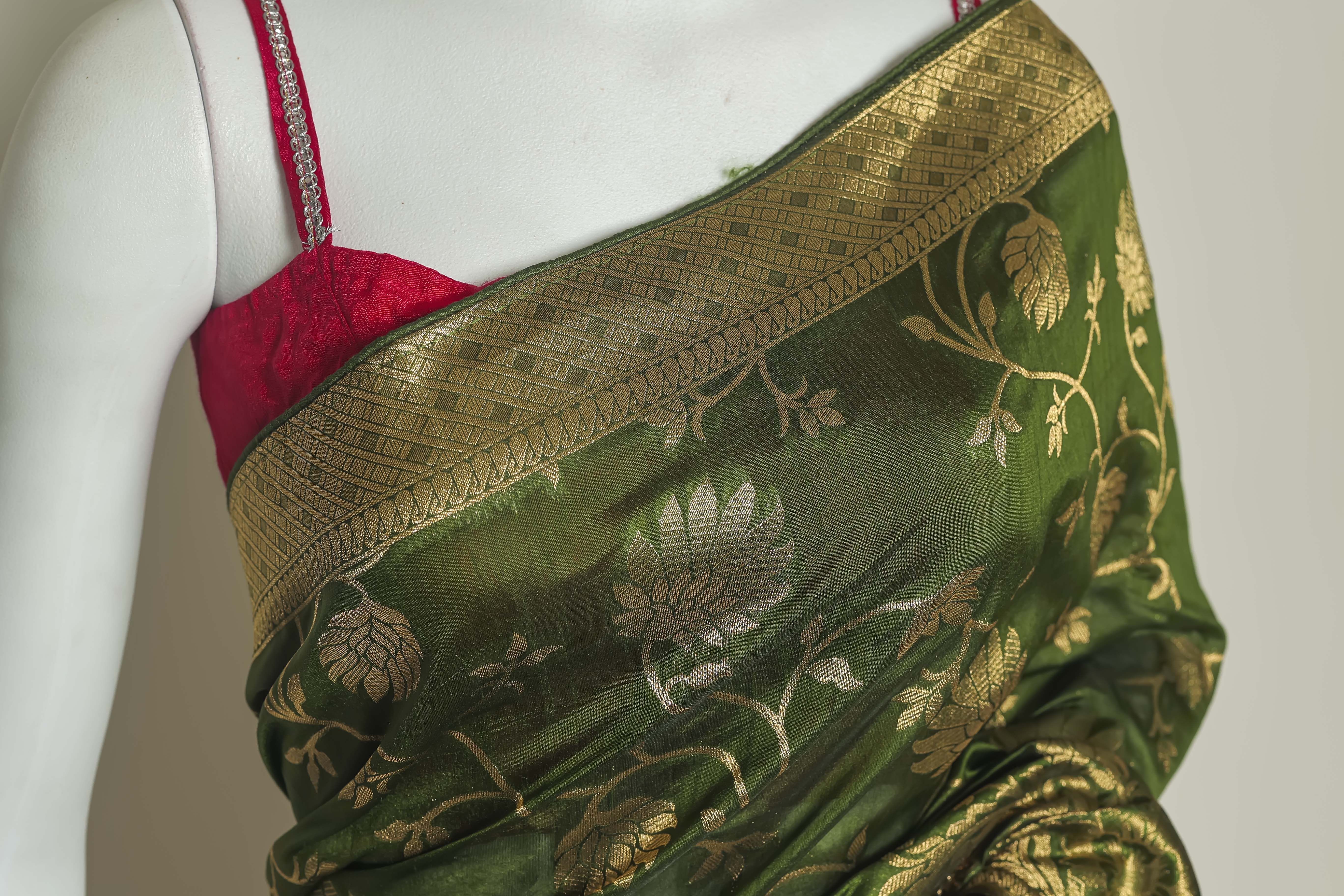 Majestic Mehndi Art Silk Saree – Swarovski Elegance in Green