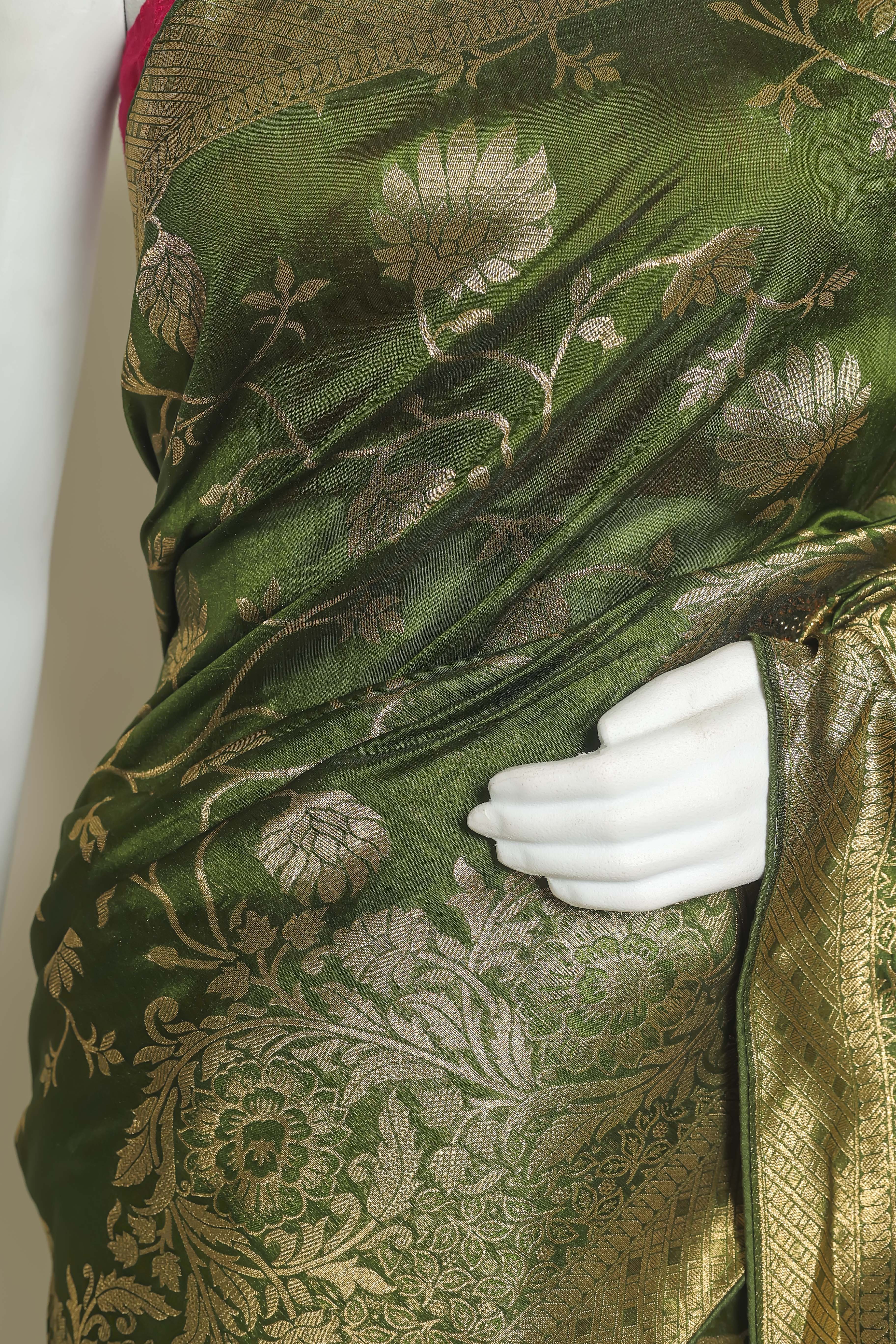 Majestic Mehndi Art Silk Saree – Swarovski Elegance in Green