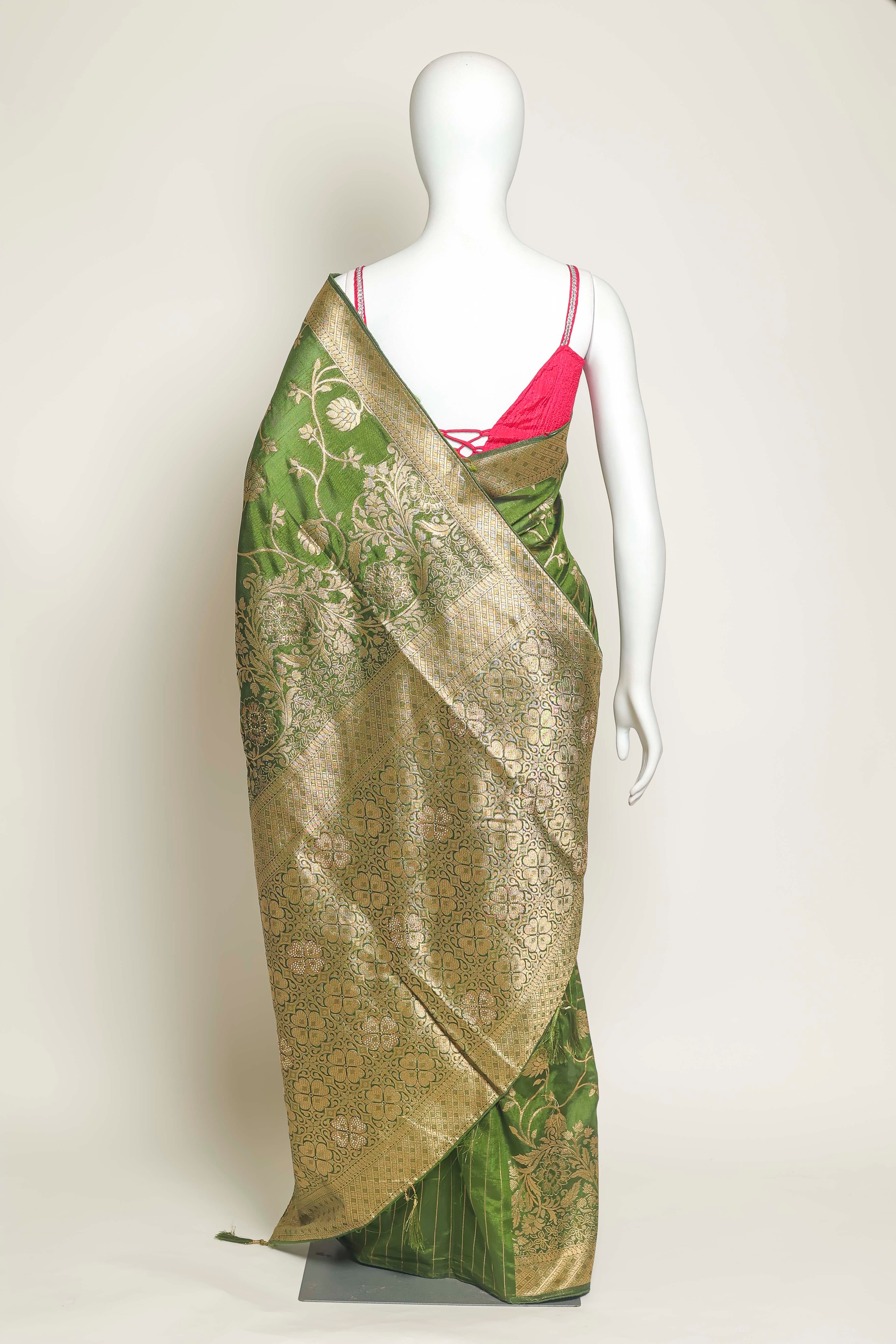 Majestic Mehndi Art Silk Saree – Swarovski Elegance in Green