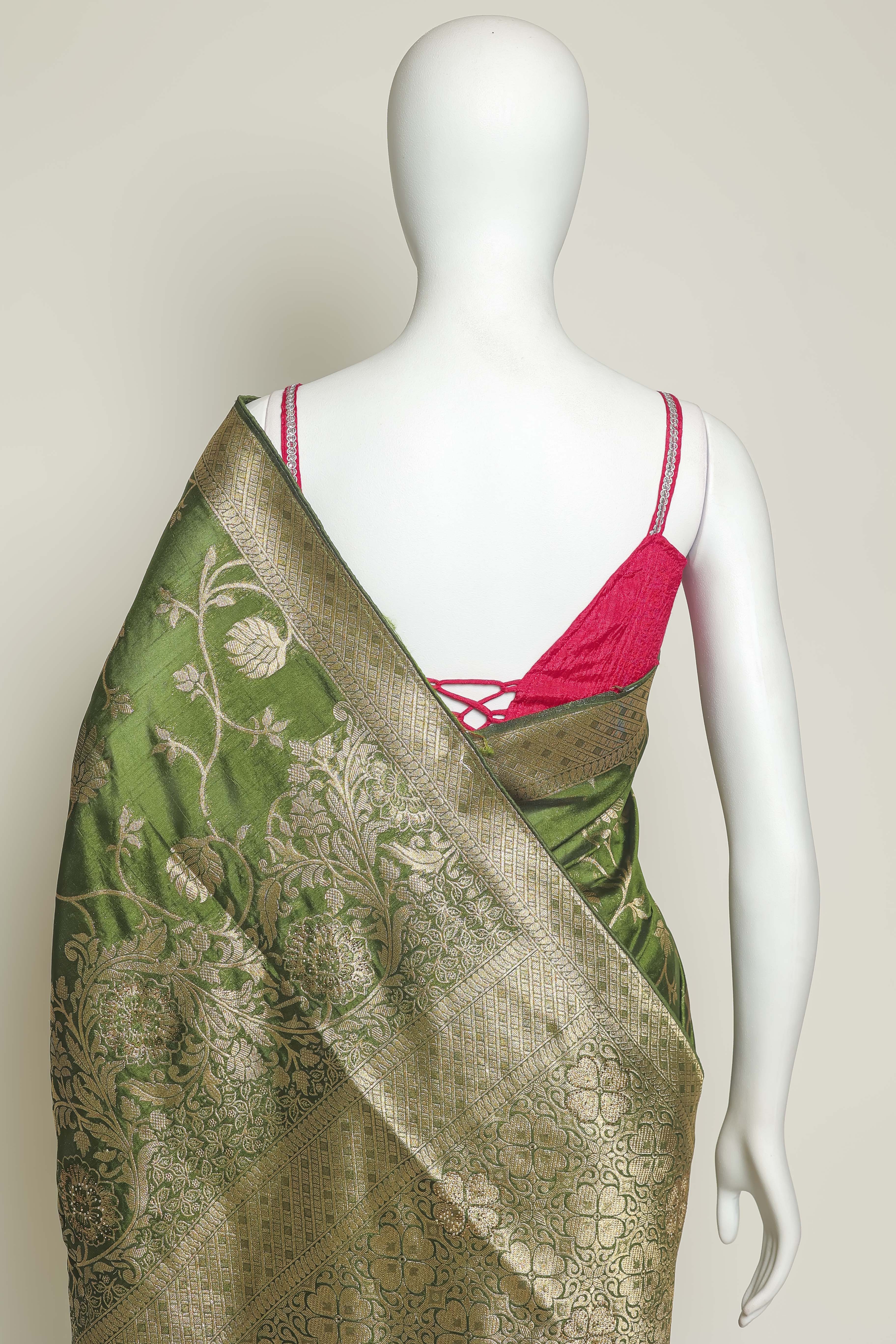 Majestic Mehndi Art Silk Saree – Swarovski Elegance in Green