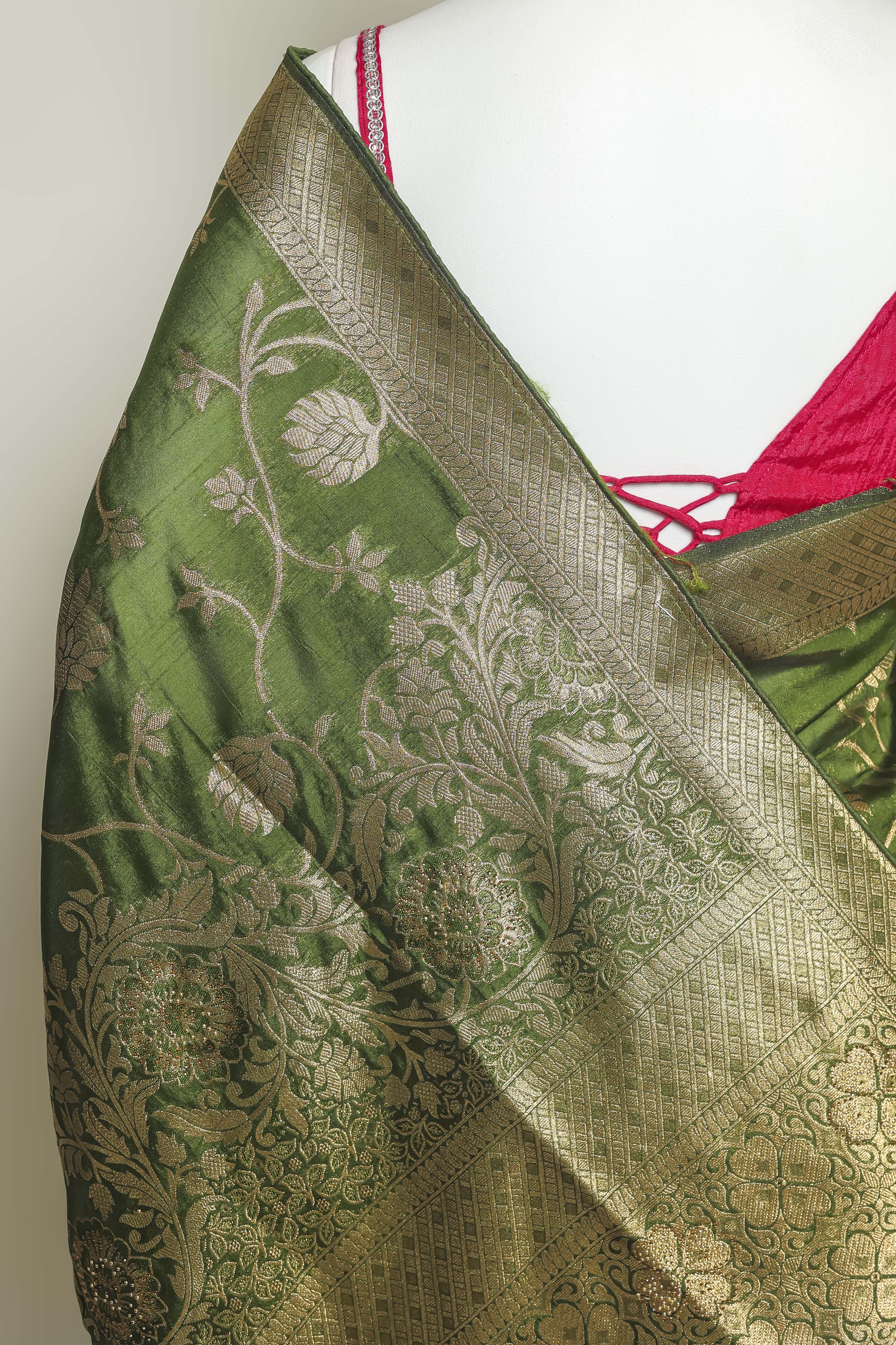 Majestic Mehndi Art Silk Saree – Swarovski Elegance in Green