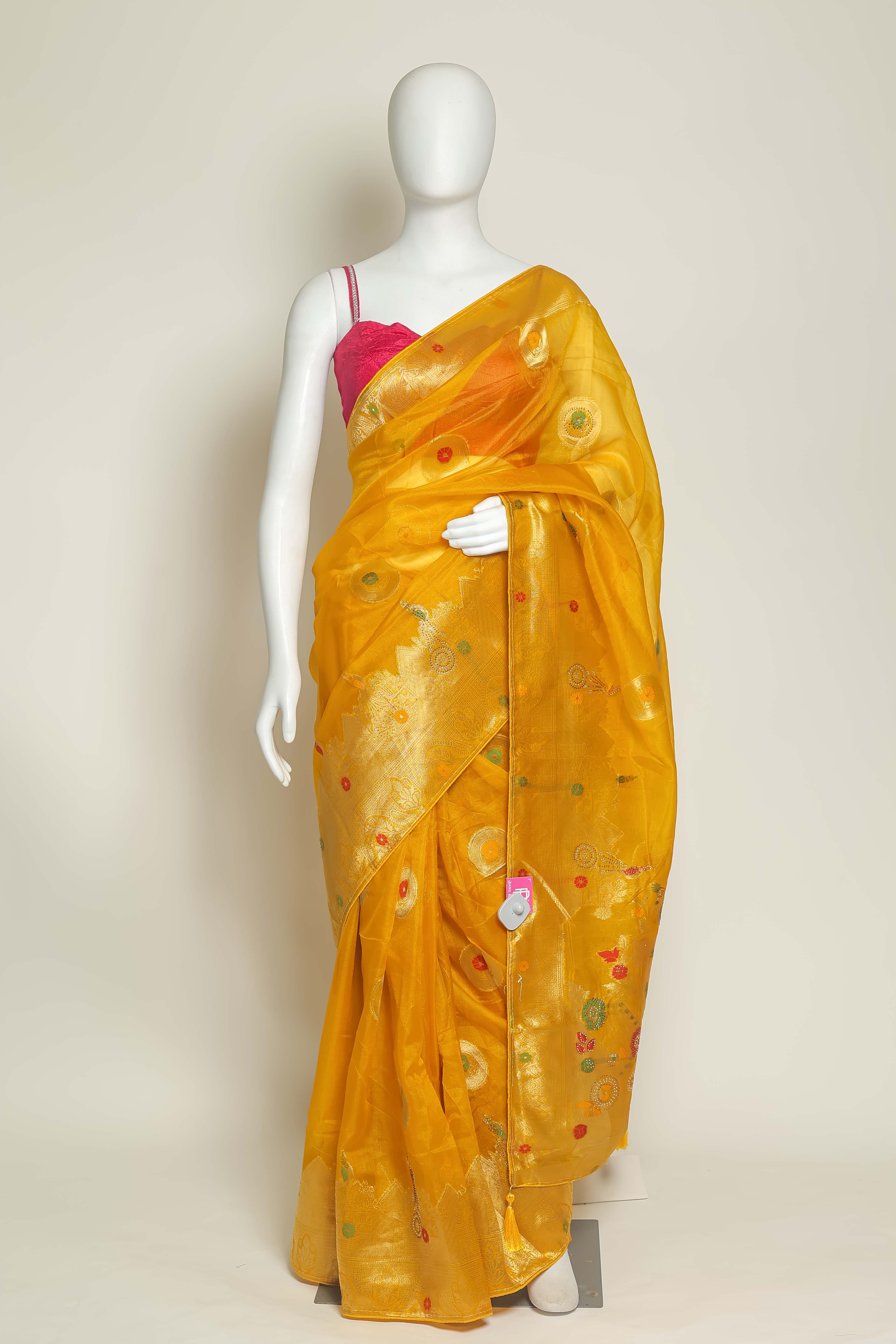 Sunshine Glow Yellow Art Organza Saree – Swarovski & Meena Embroidery Elegance