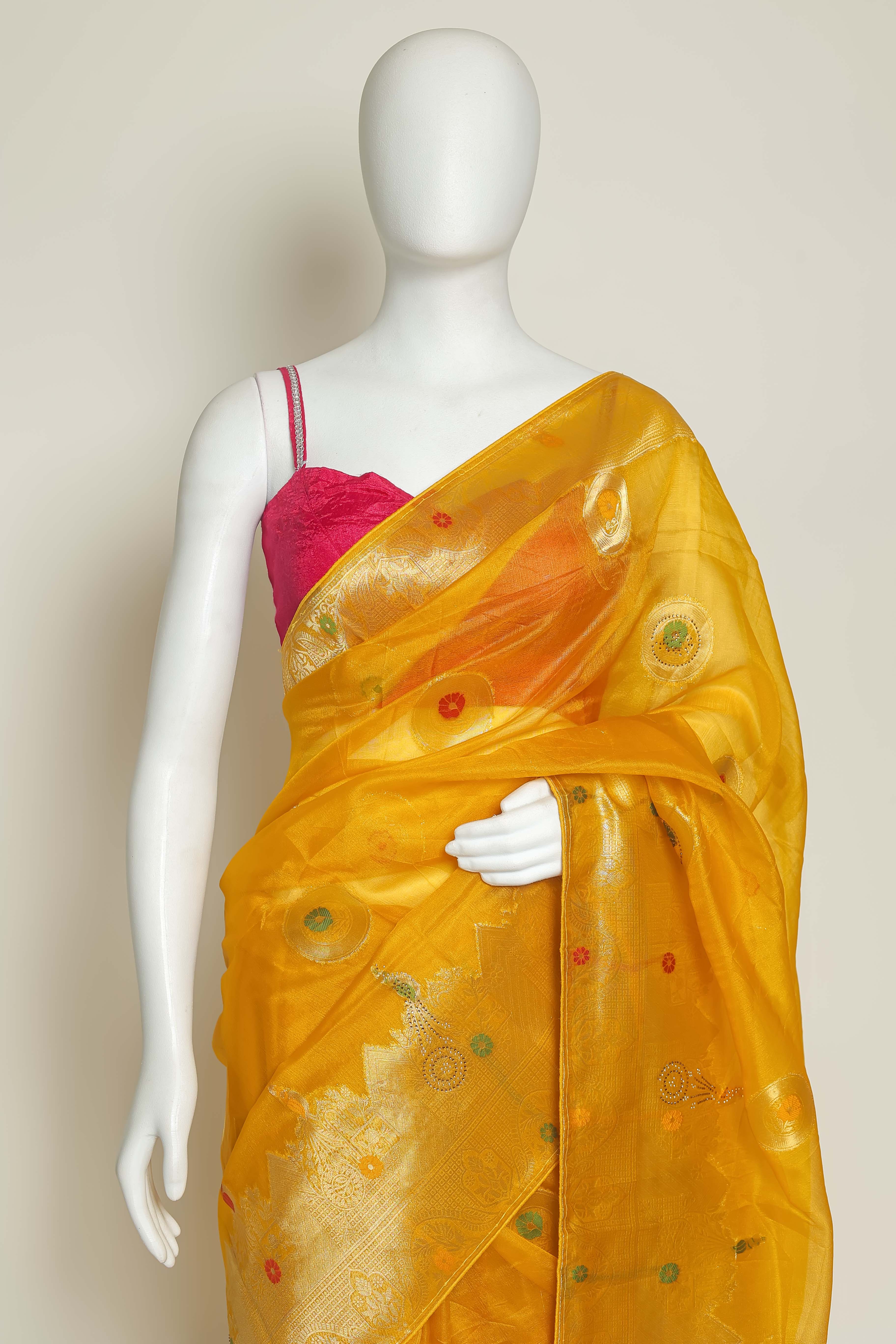 Sunshine Glow Yellow Art Organza Saree – Swarovski & Meena Embroidery Elegance