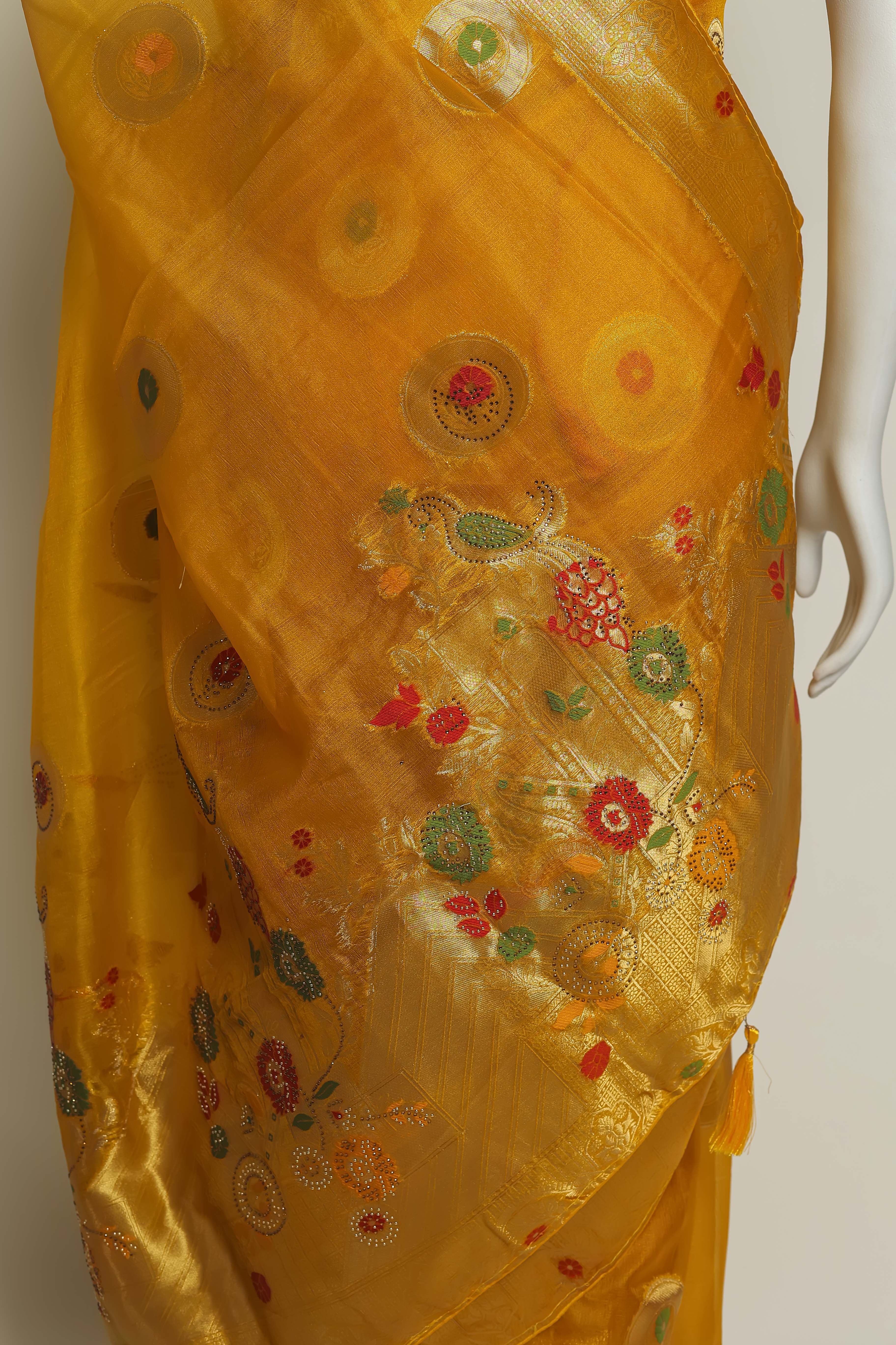 Sunshine Glow Yellow Art Organza Saree – Swarovski & Meena Embroidery Elegance