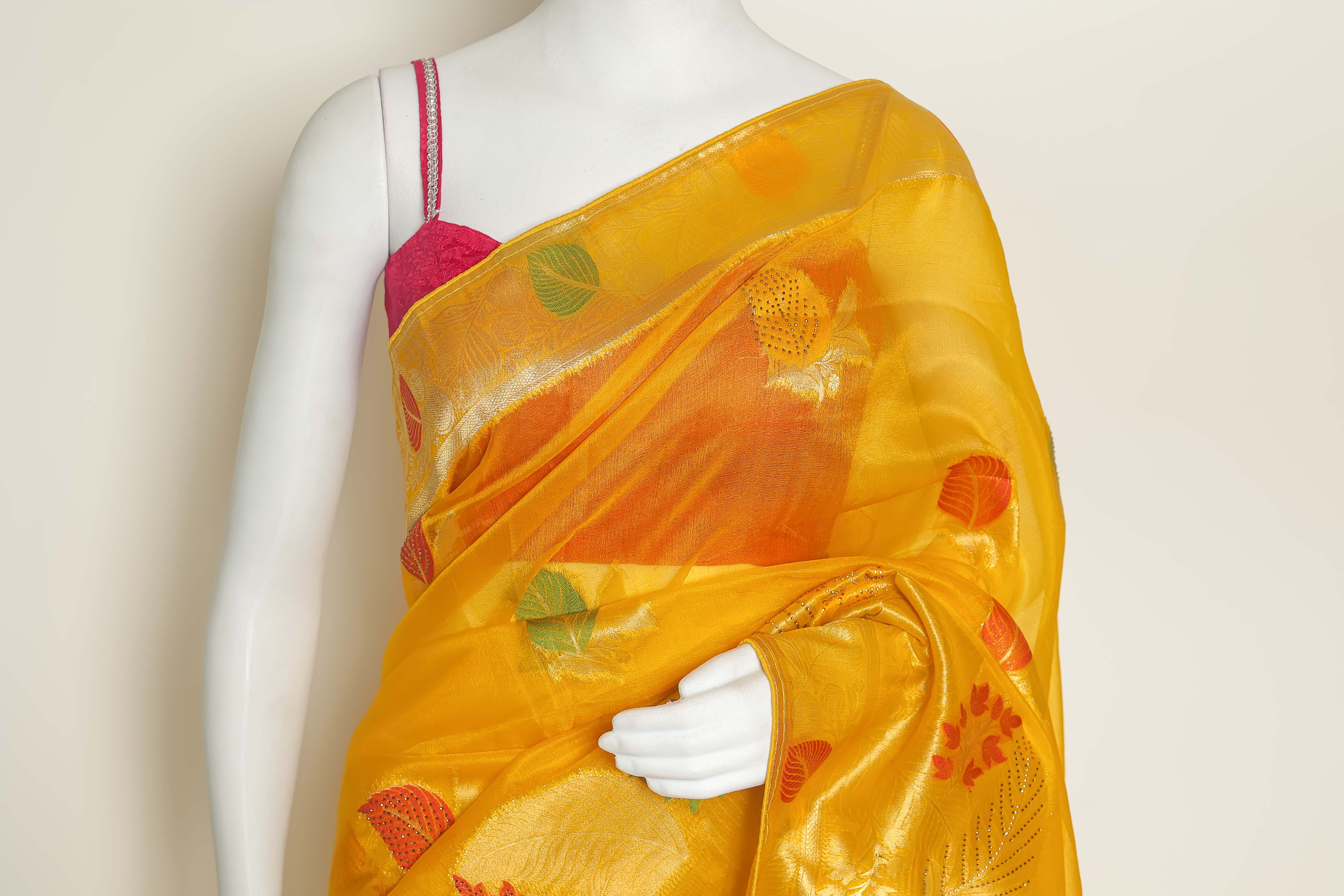 Golden Glow Yellow Art Organza Saree – Swarovski & Meena Embroidery Elegance