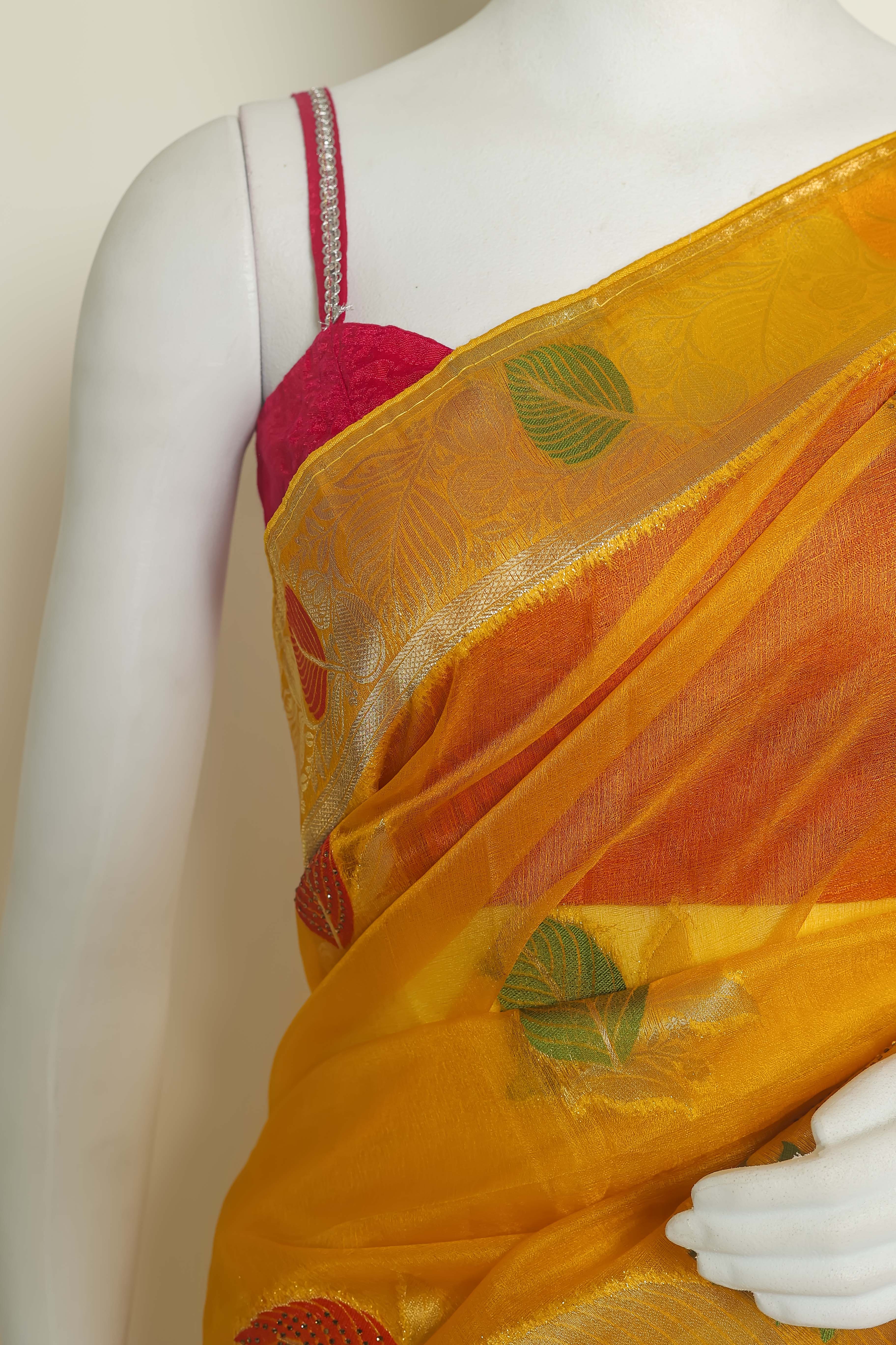 Golden Glow Yellow Art Organza Saree – Swarovski & Meena Embroidery Elegance