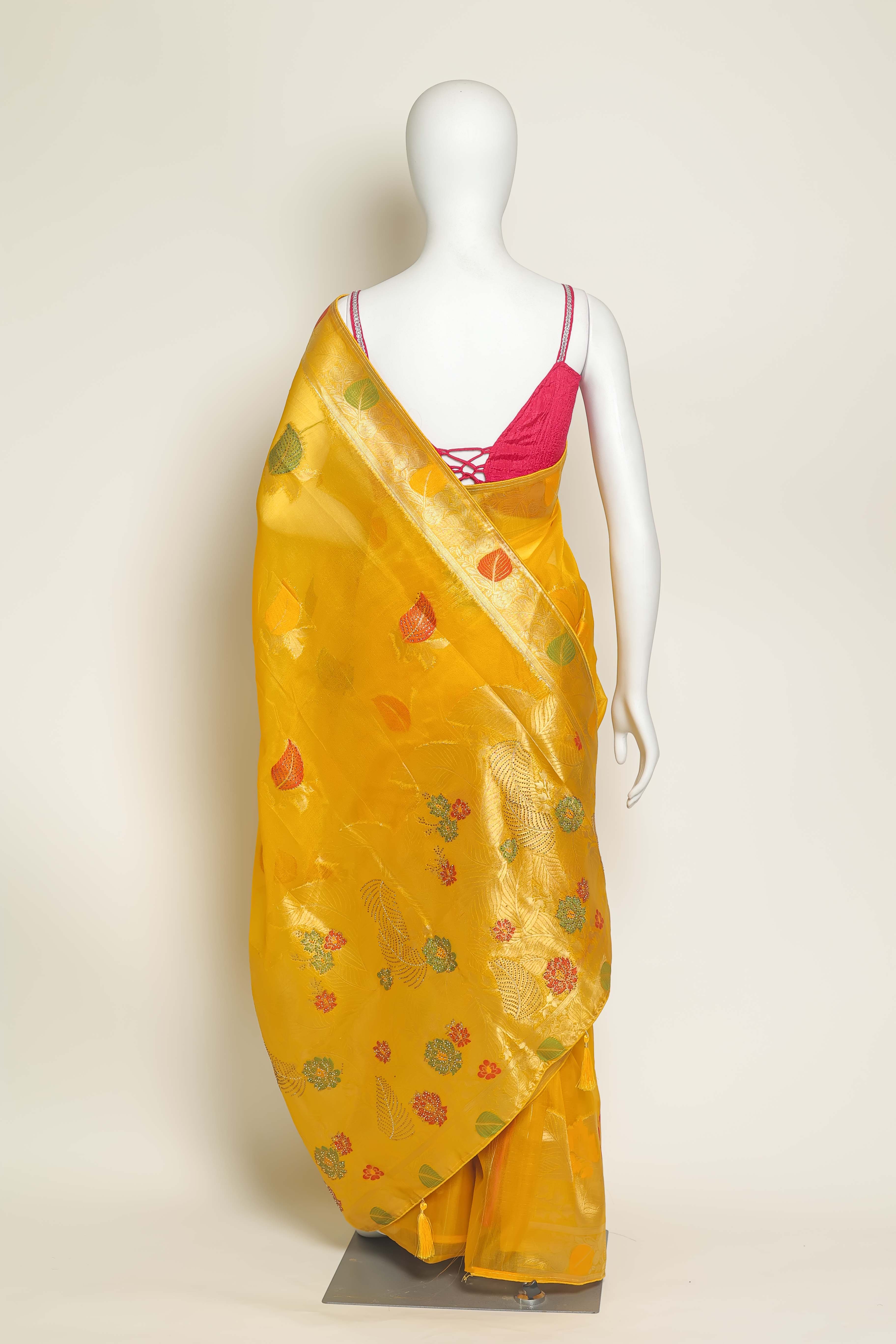 Golden Glow Yellow Art Organza Saree – Swarovski & Meena Embroidery Elegance