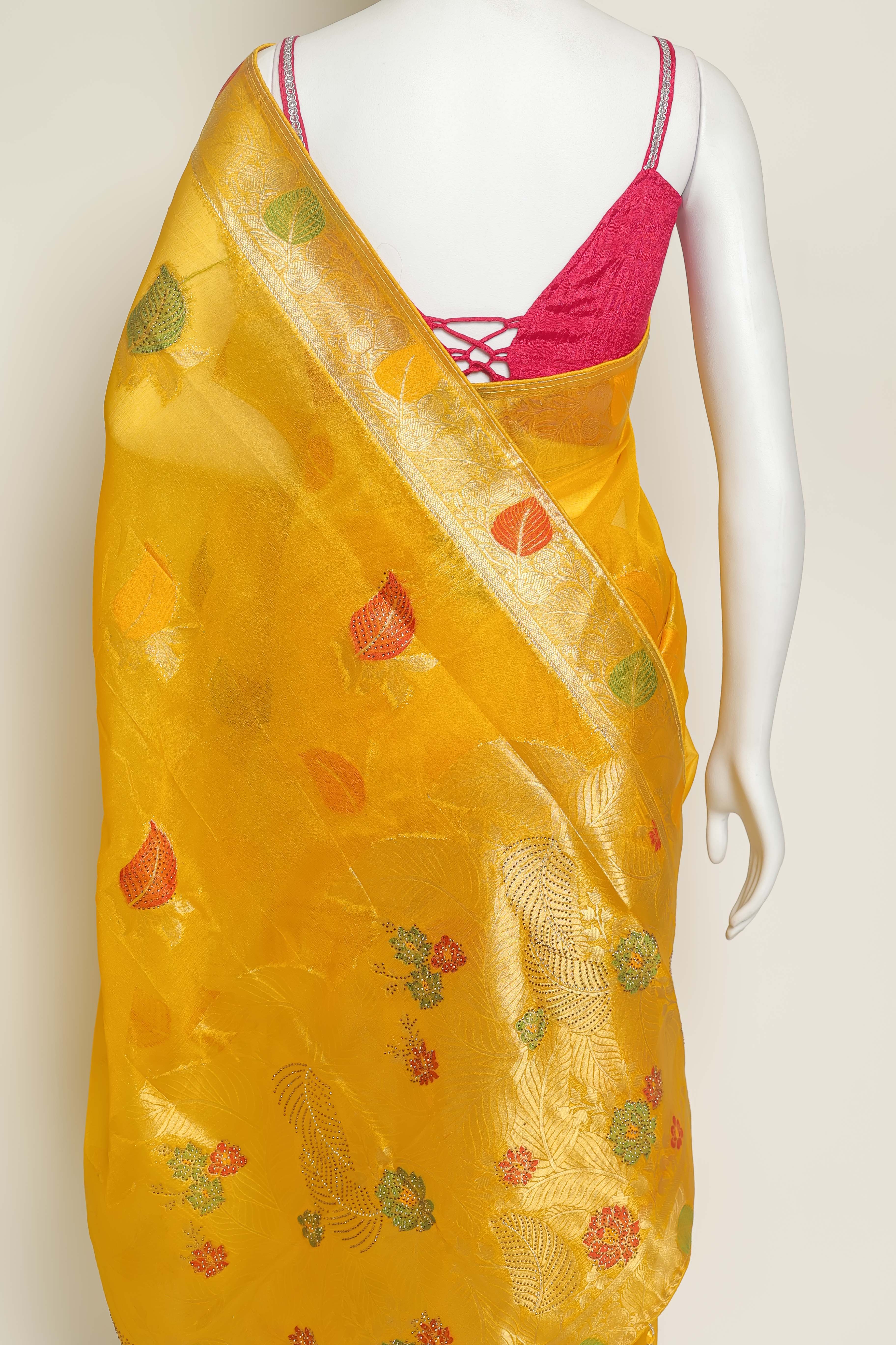 Golden Glow Yellow Art Organza Saree – Swarovski & Meena Embroidery Elegance