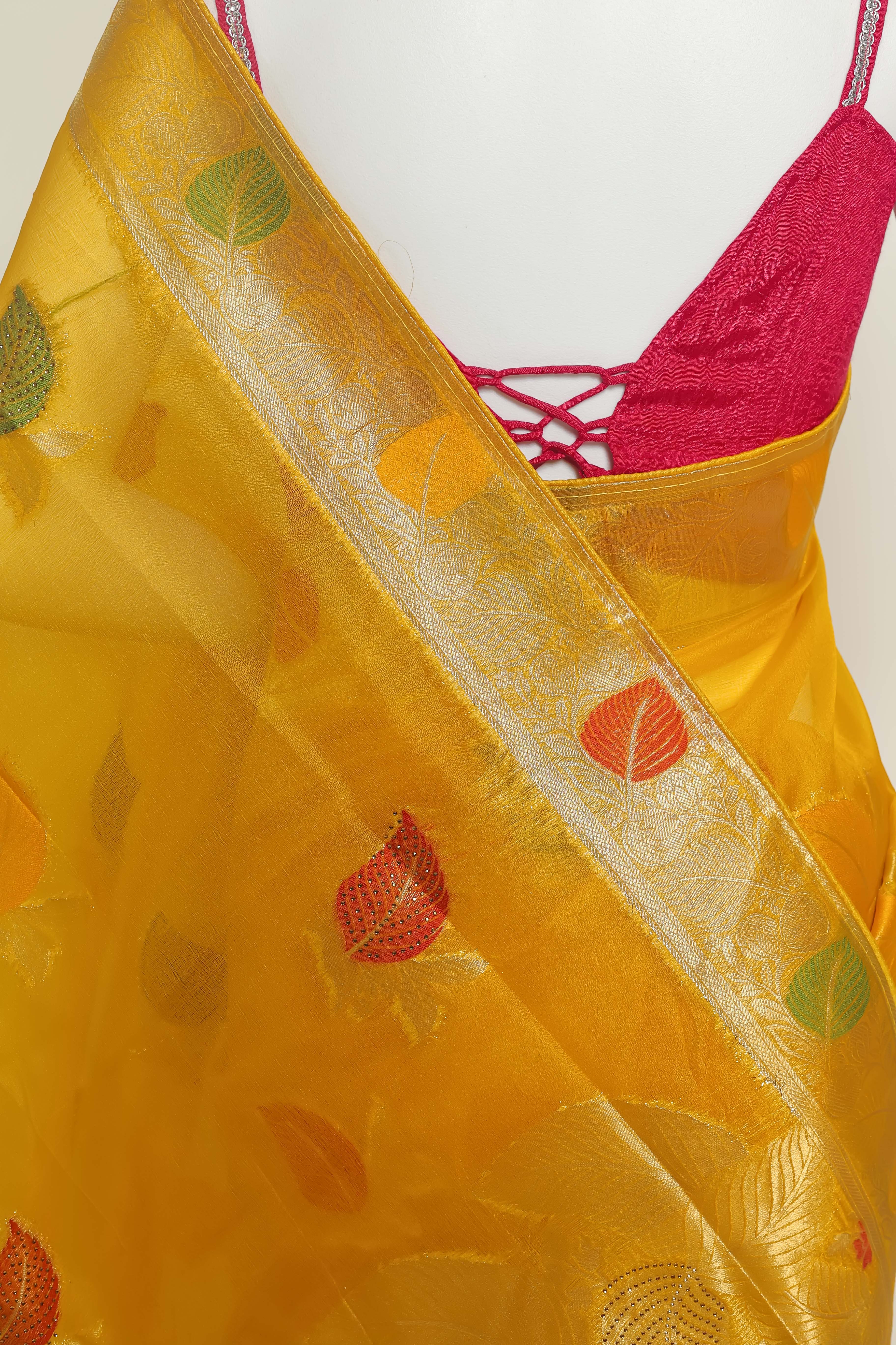 Golden Glow Yellow Art Organza Saree – Swarovski & Meena Embroidery Elegance