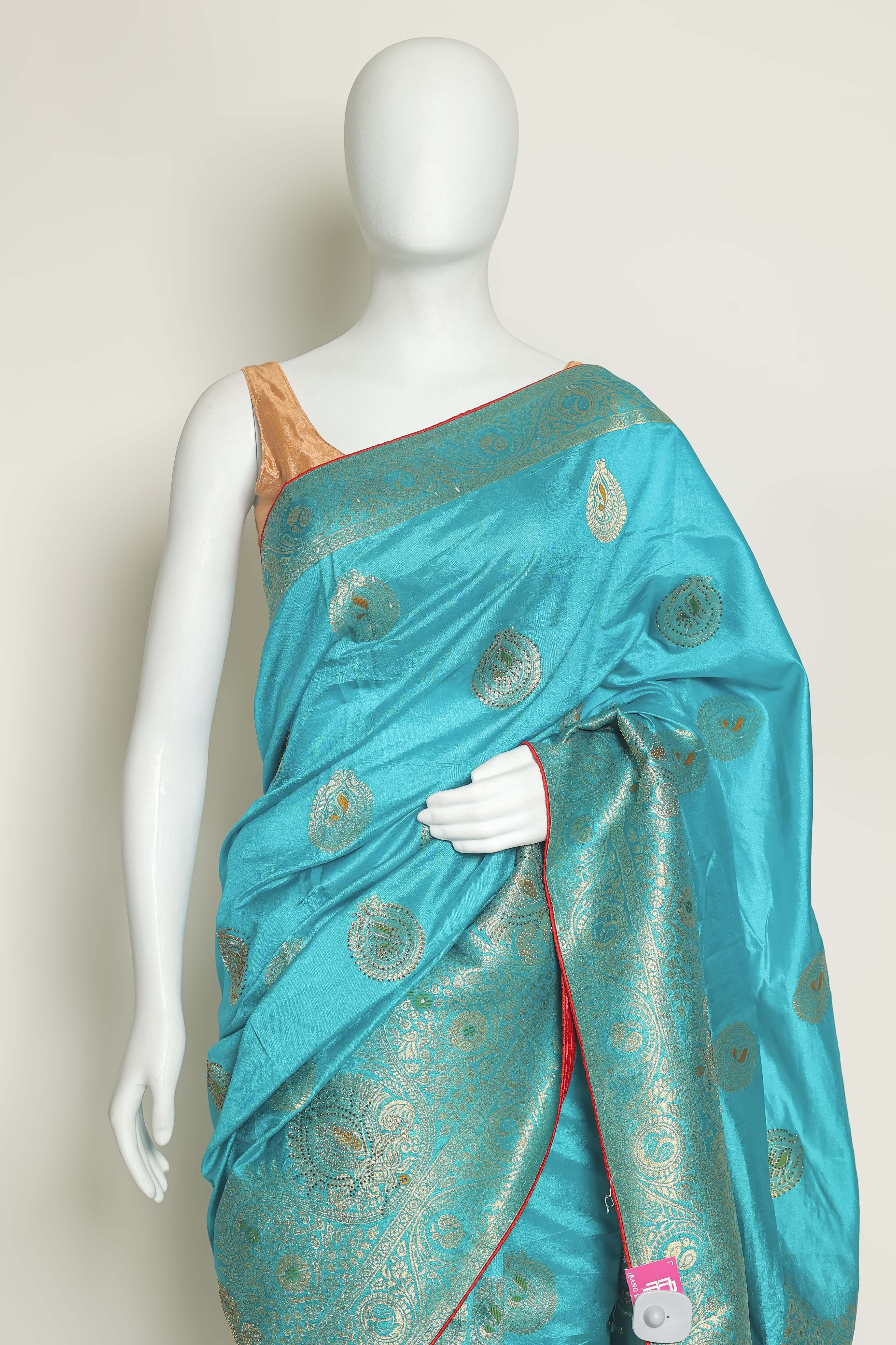 Ocean Bliss Firozi Art Silk Saree – Swarovski Sparkle Elegance