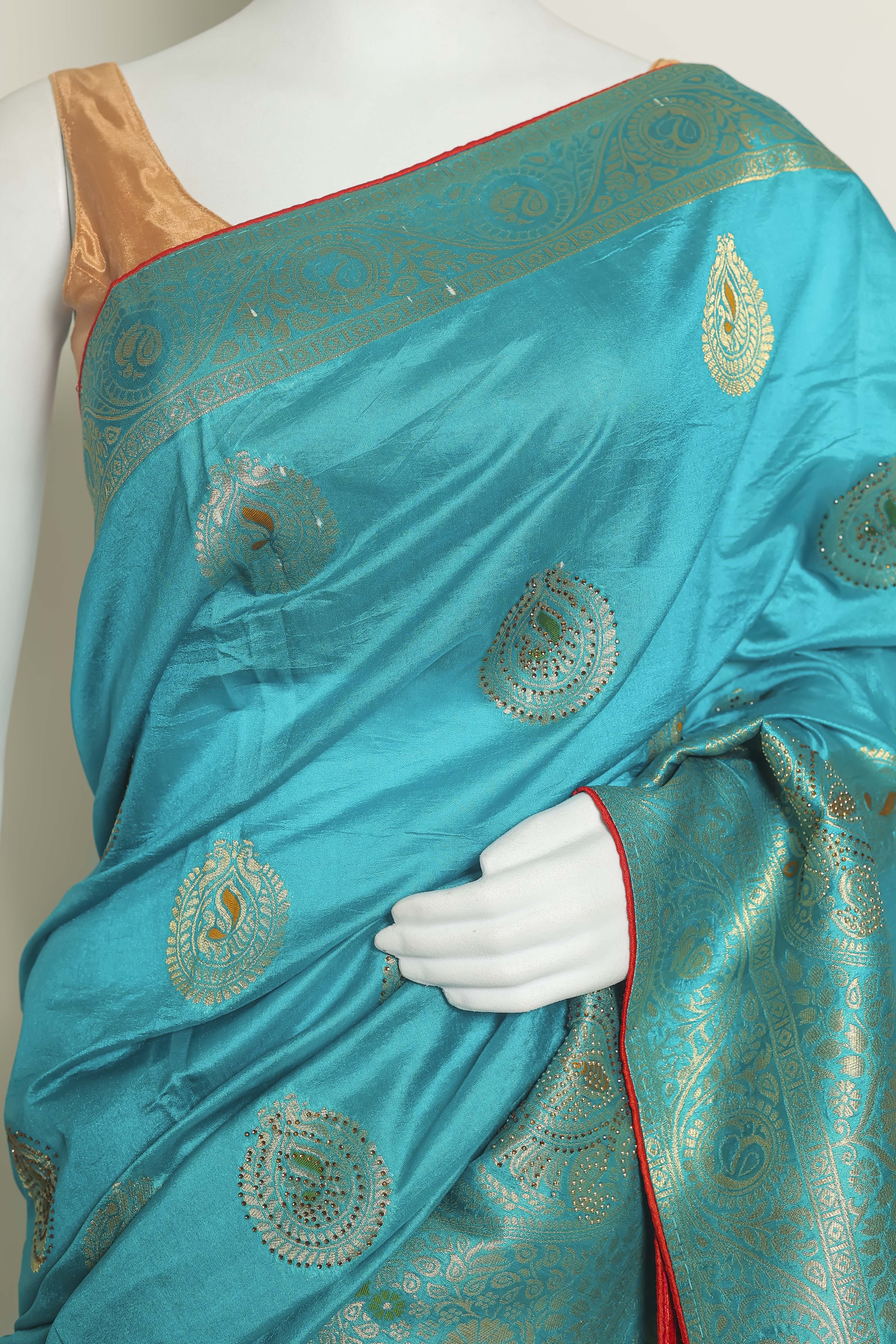 Ocean Bliss Firozi Art Silk Saree – Swarovski Sparkle Elegance