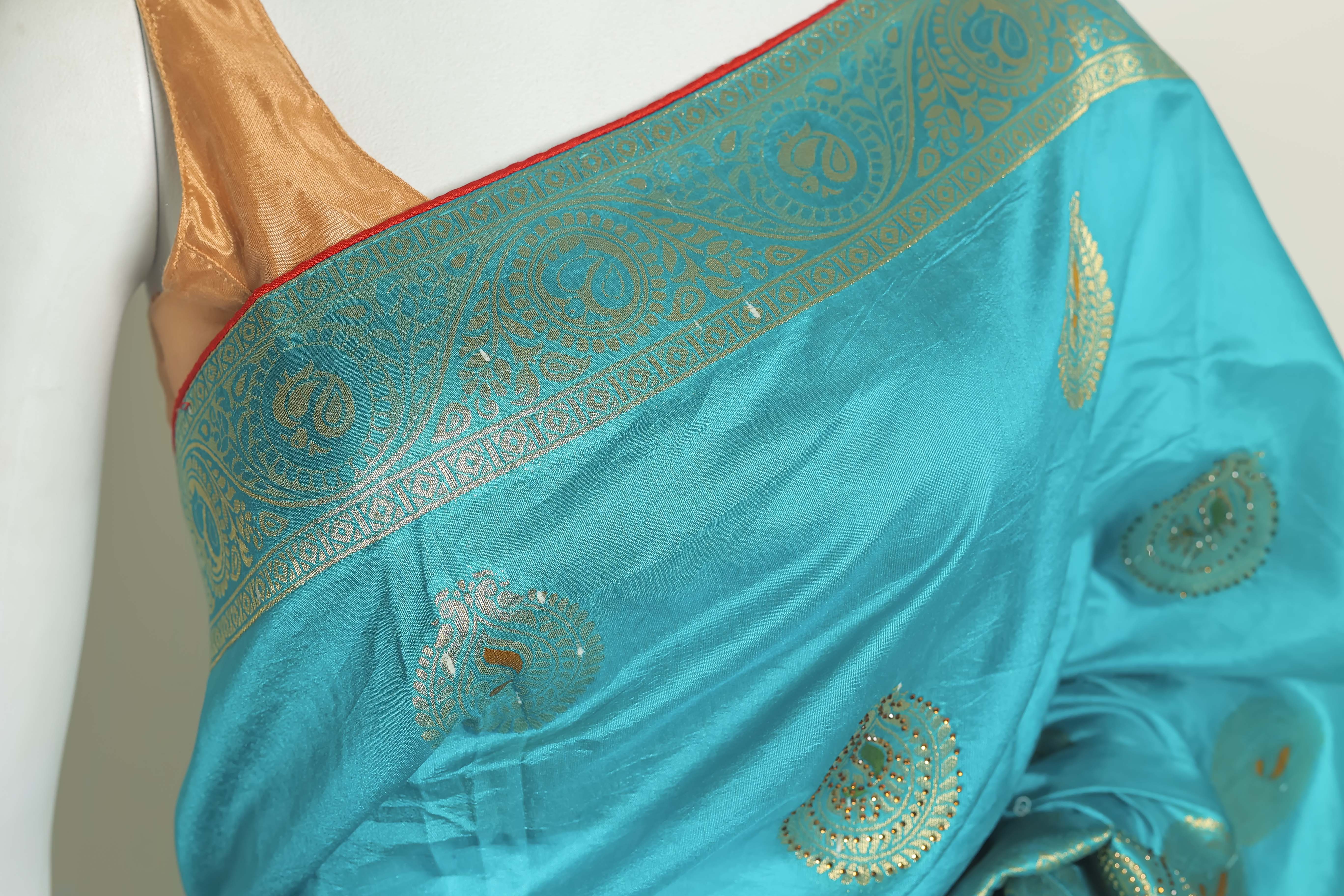 Ocean Bliss Firozi Art Silk Saree – Swarovski Sparkle Elegance