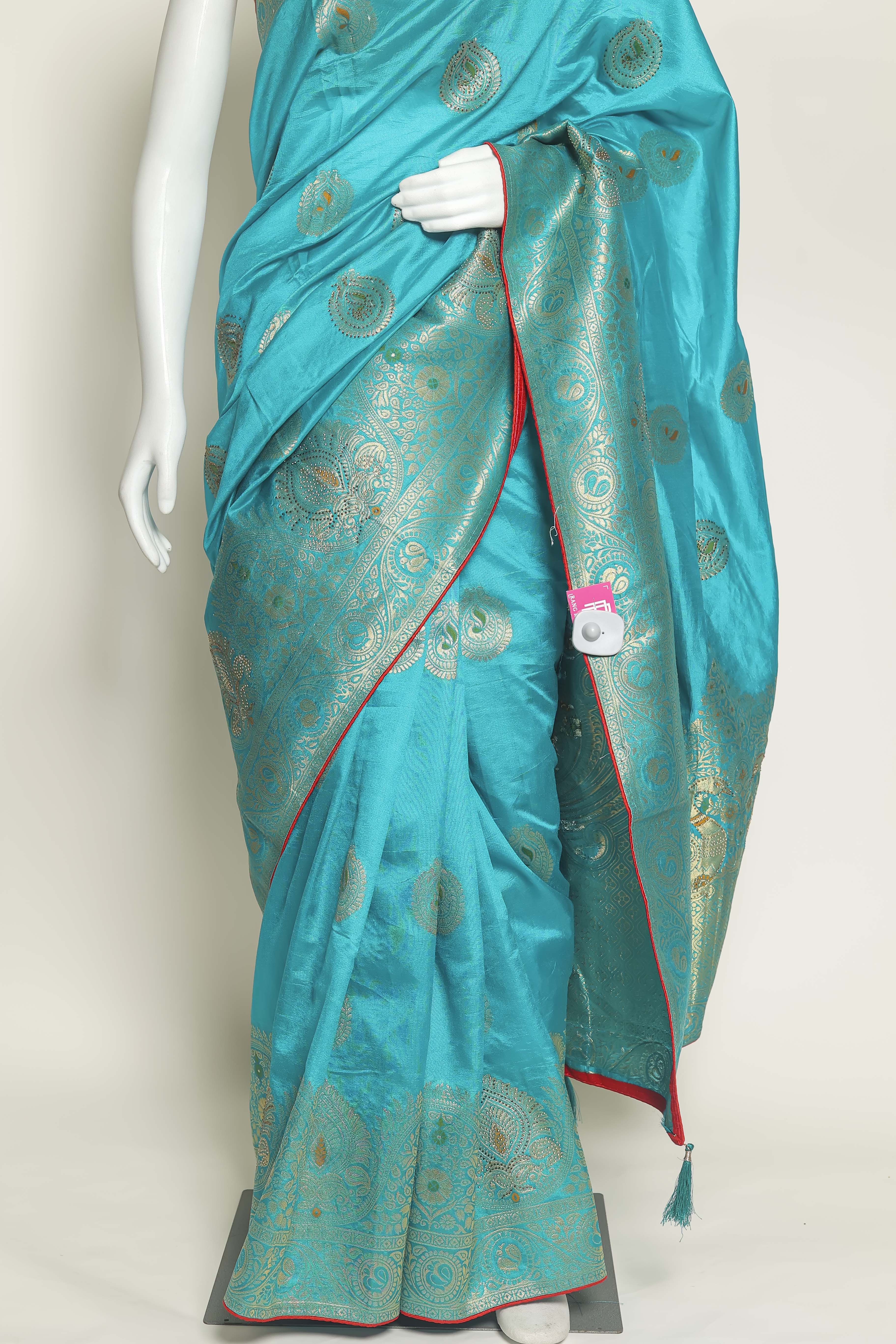 Ocean Bliss Firozi Art Silk Saree – Swarovski Sparkle Elegance